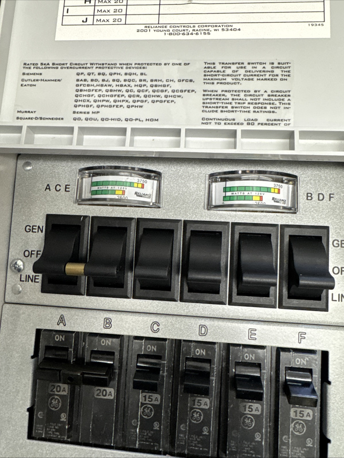 Reliance Controls Pro Tran 2 Generator Power Transfer Switch 6 Circuit W/Plug