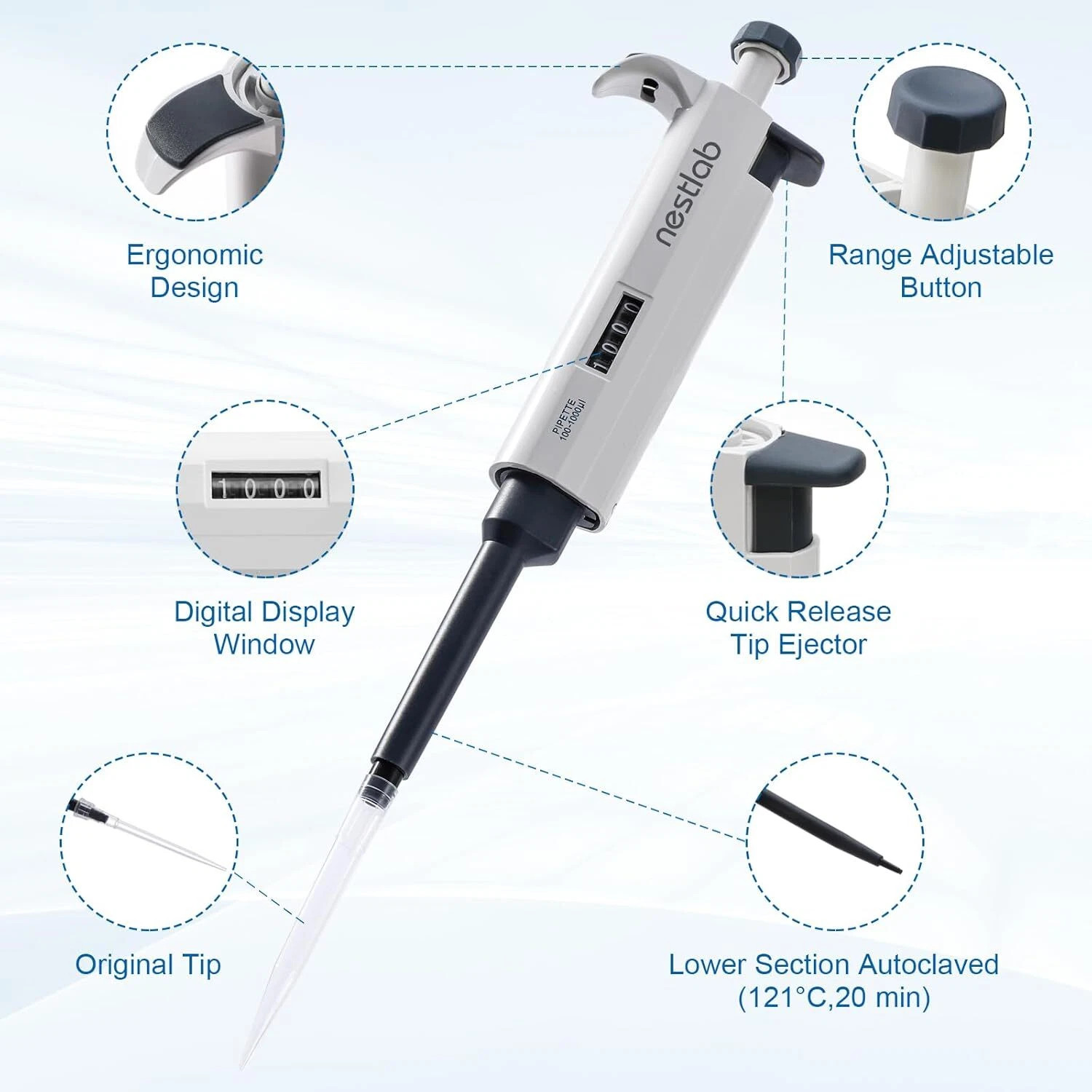 0.1-1ml 1-5ml 2-10ml Micropipette Adjustable Lab Pipette Single Channel Pipettor