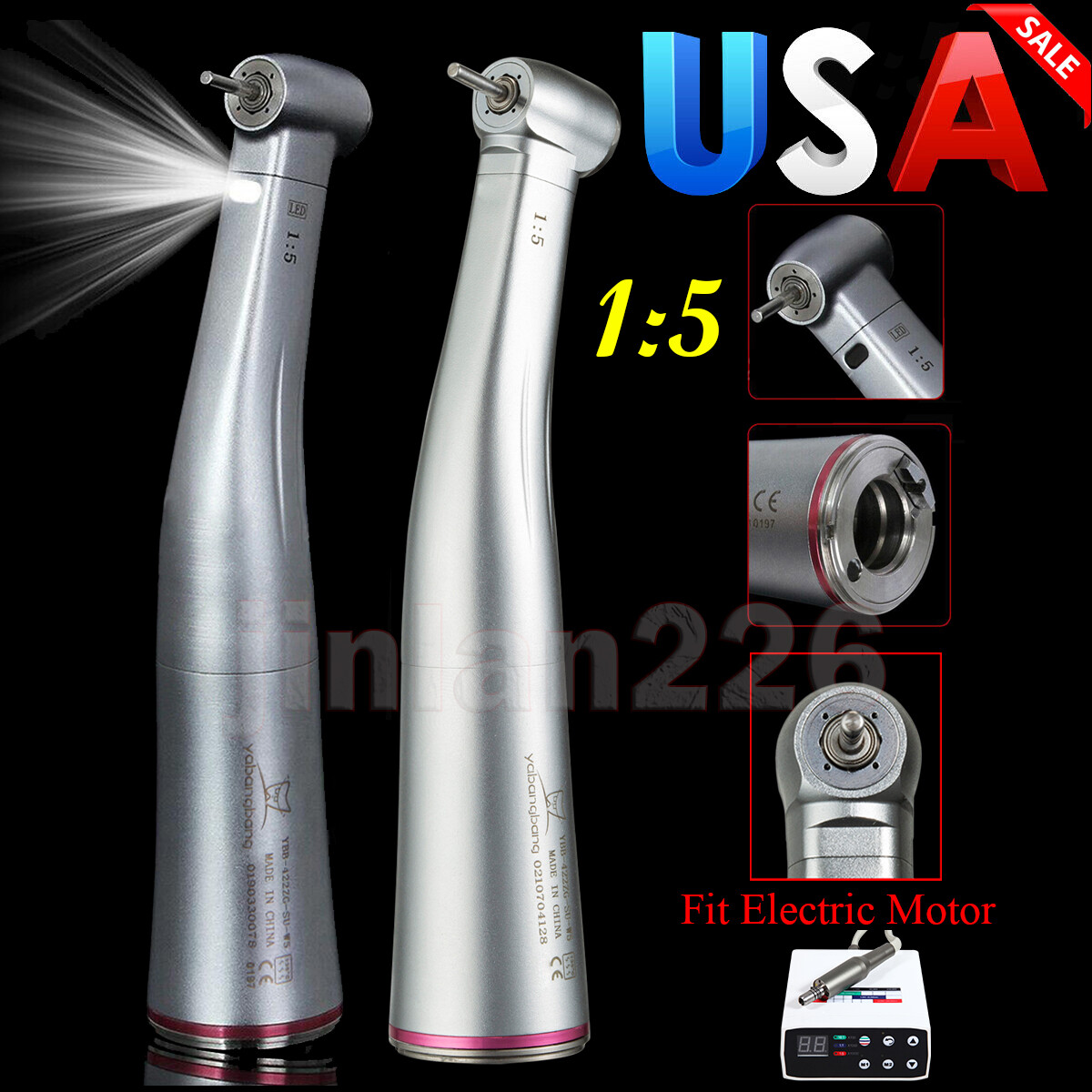 YBB Dental 1:5 Increasing Contra Angle Optic LED Handpiece Fit Electric Motor