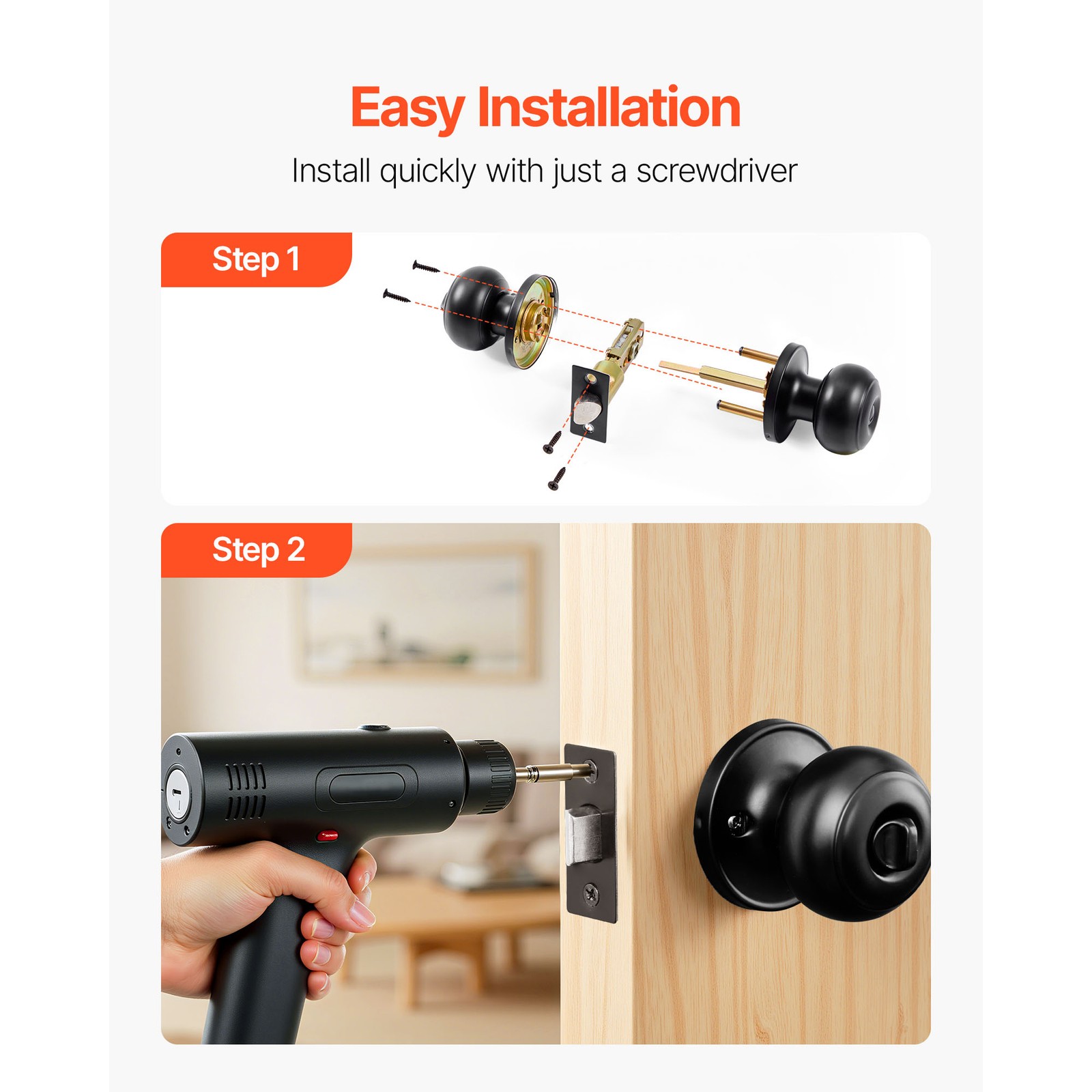 Uimoso Matte Black Interior Door Knobs for Bedroom and Bathroom, 6-Pack, Keyless