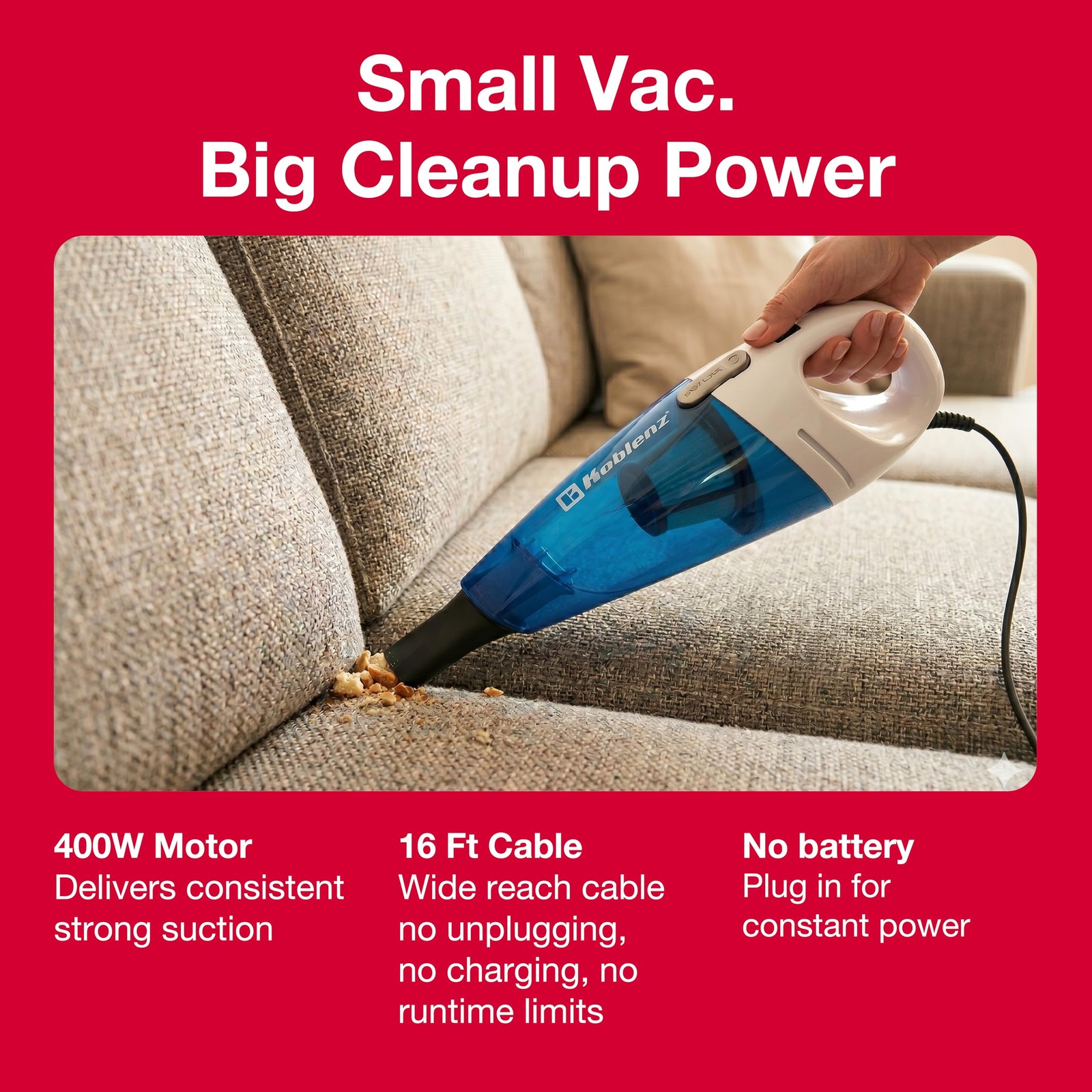 Koblenz HV-120 KG3 Corded Handheld Vacuum Cleaner, 400W Motor