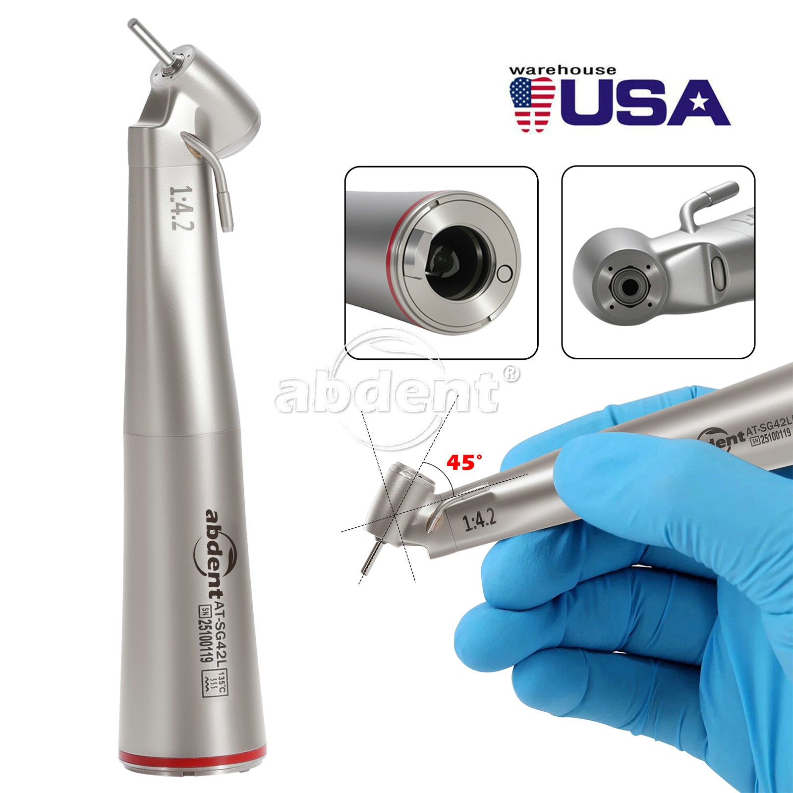 AbDent 1:4.2 45° LED Fiber Optic Contra Angle Handpiece External Water Spray