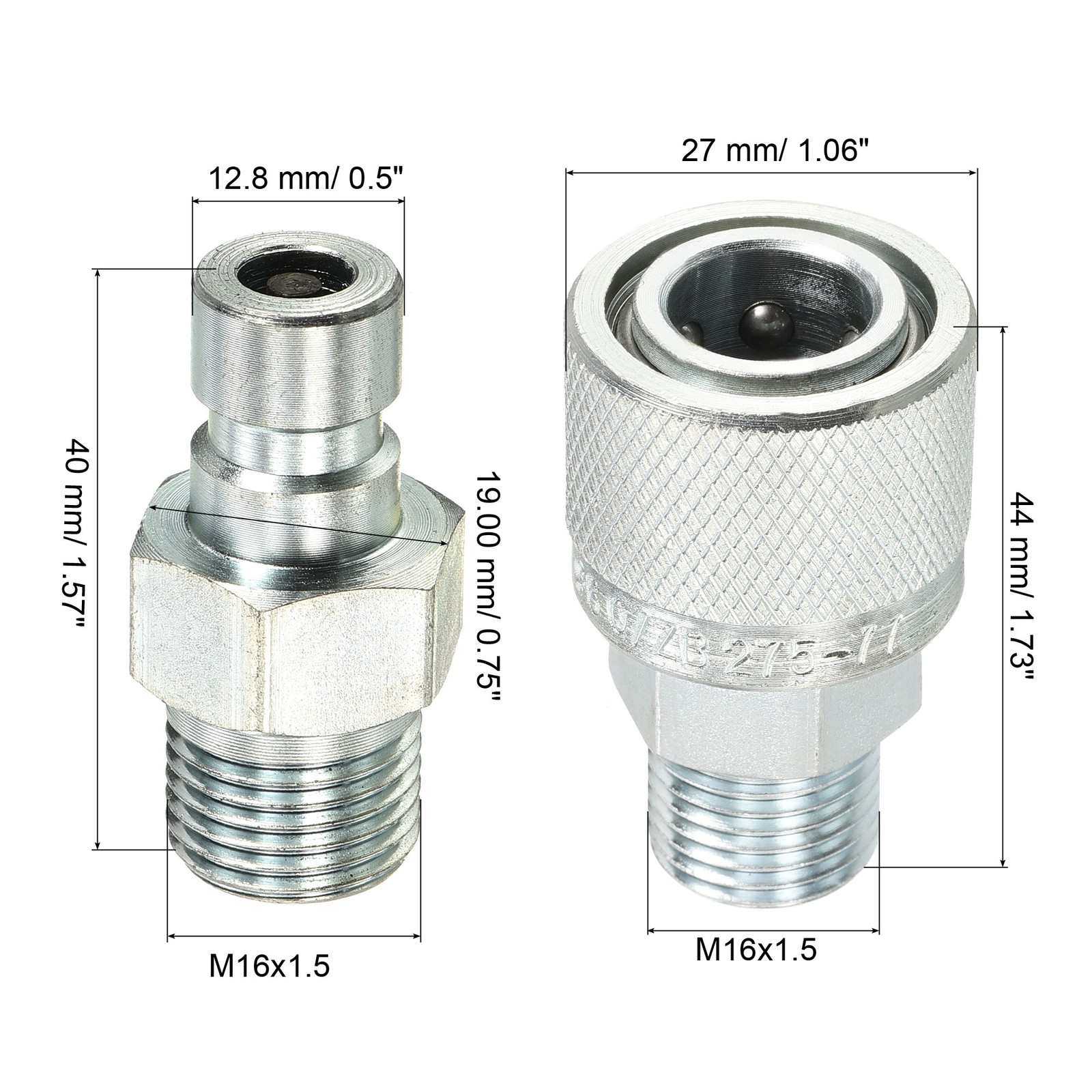 Hydraulic Quick Connect Coupler 1 Set Carbon Steel M16x1.5mm Male Thread Silver