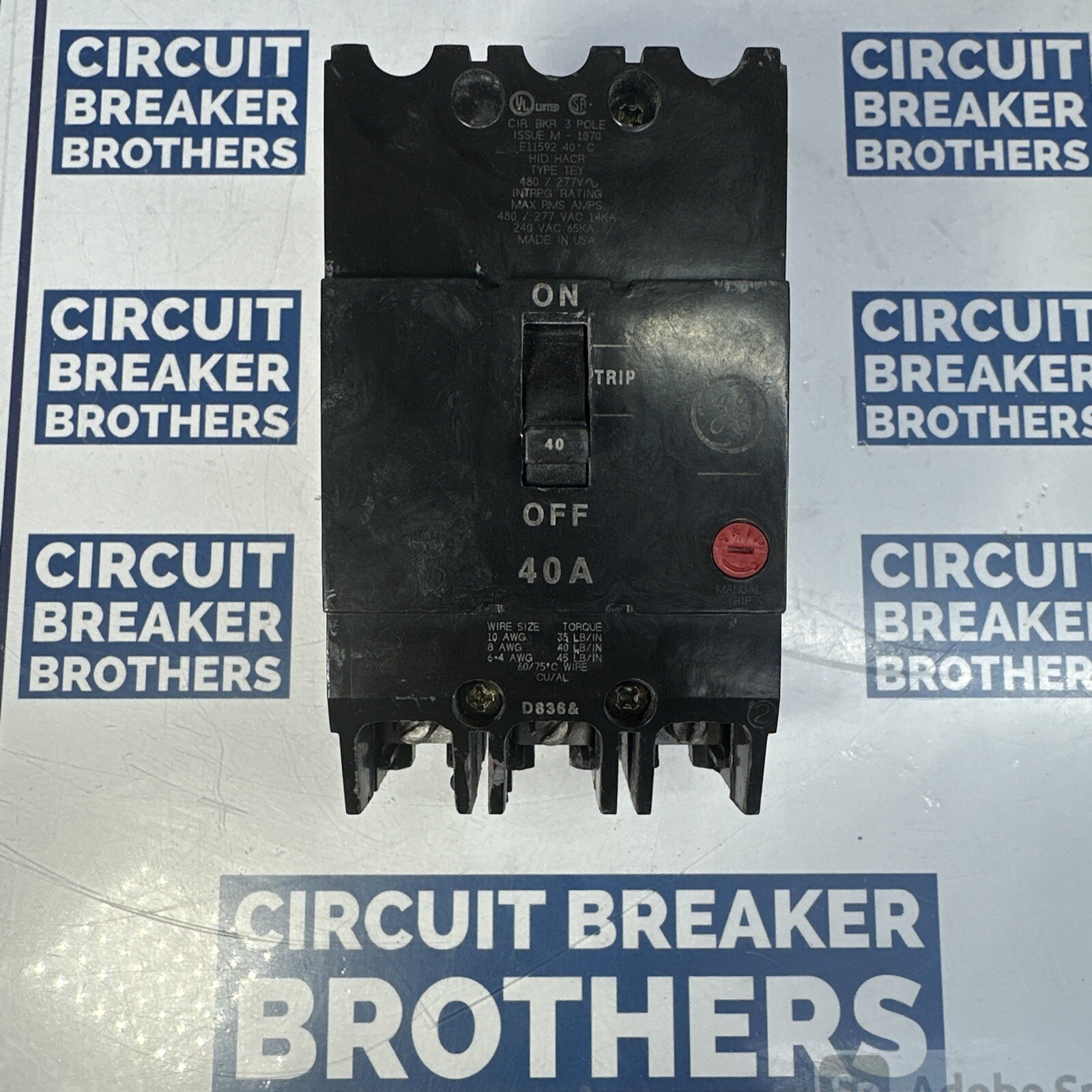 GE TEY340 40Amp 480/277V 3 Pole Circuit Breaker-Warranty (Ship Same ￼Day)