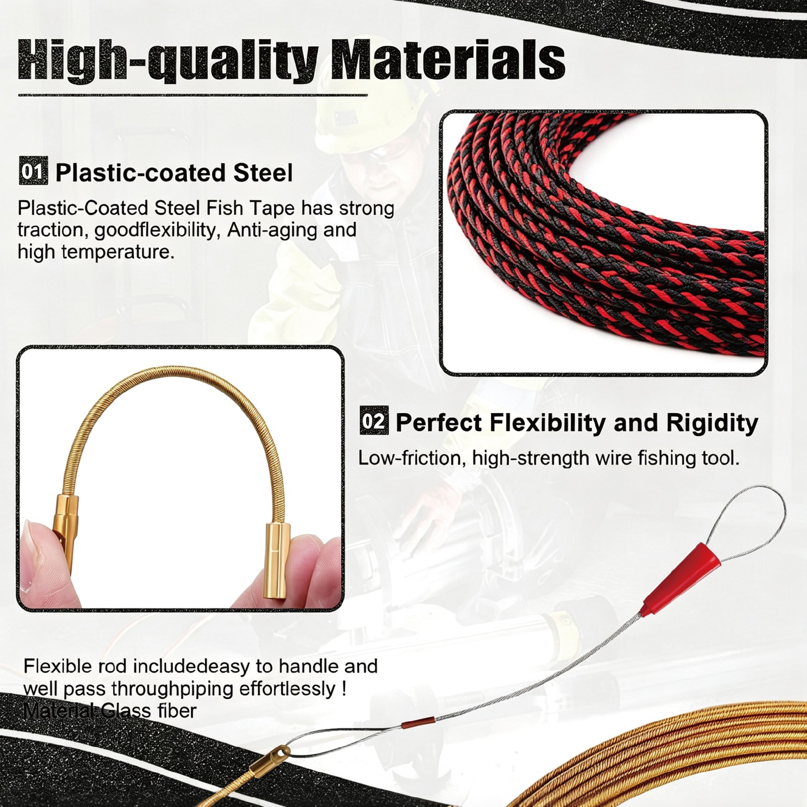 148Ft x4MM Glassfiber Fish-shaped Wire For Pulling Wire & Cable with 7 Adapters