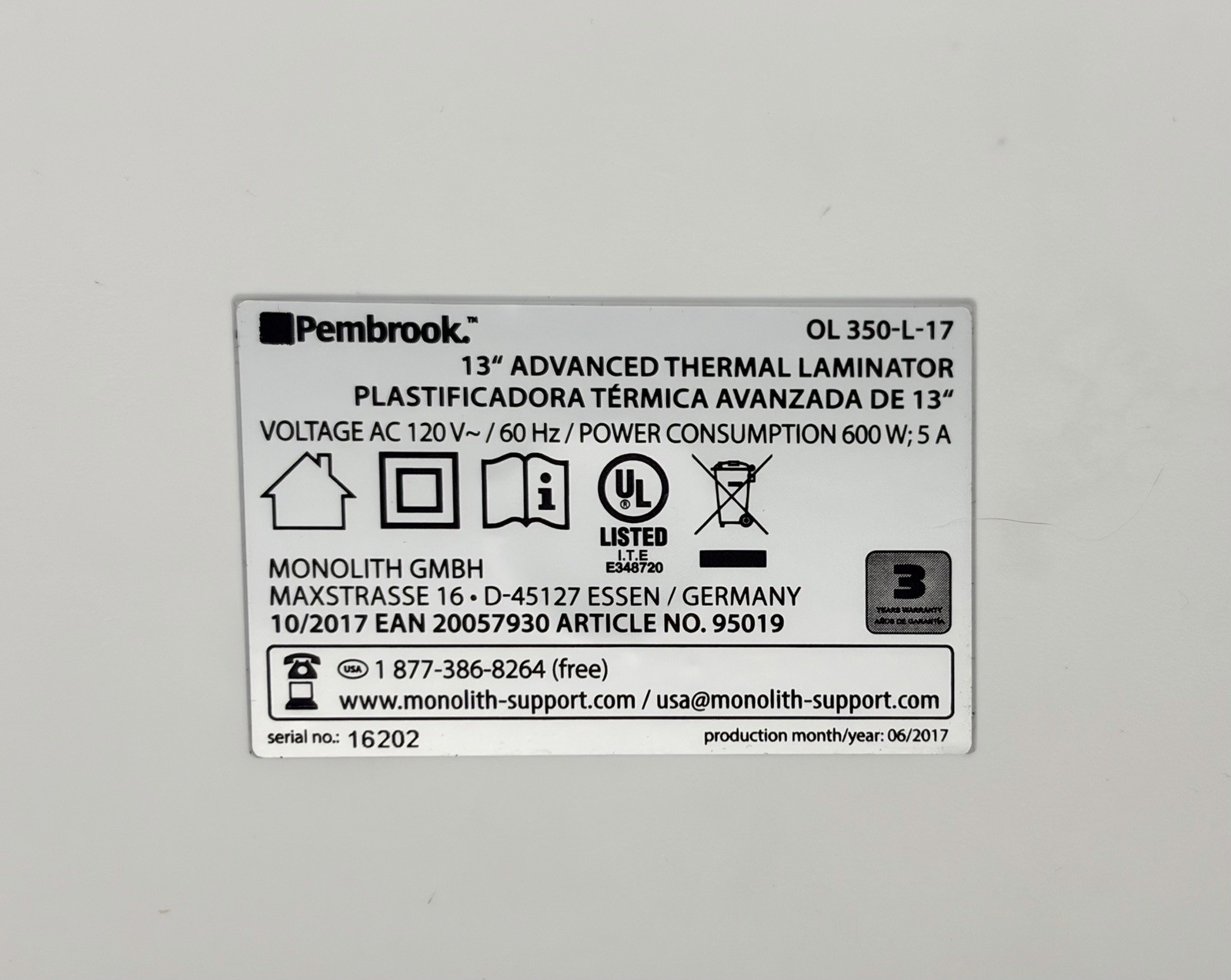 Pembrook 13″ Advanced Thermal Laminator OL 350 Clean and Tested 6 12″ Pouches