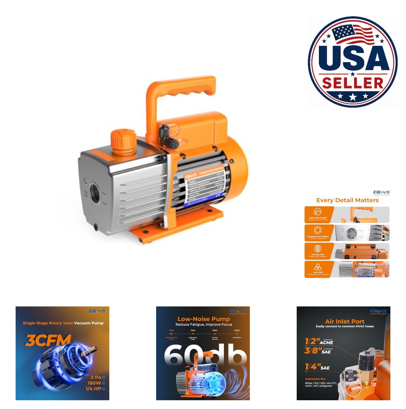 HVAC Vacuum Pump 3 CFM Single Stage Rotary Vane 1/4 HP 2 Pa Ultimate Vacuum for