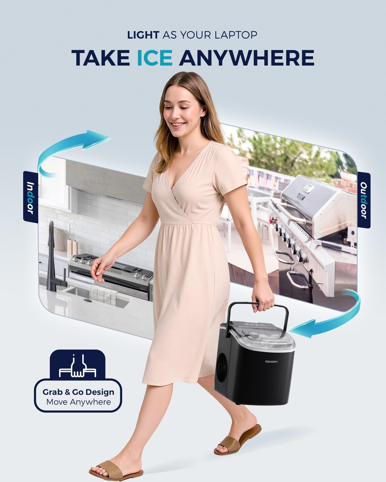 EUHOMY Countertop Ice Maker Machine with Handle, 26.5lbs Per Day, 9 Ice Cubes…
