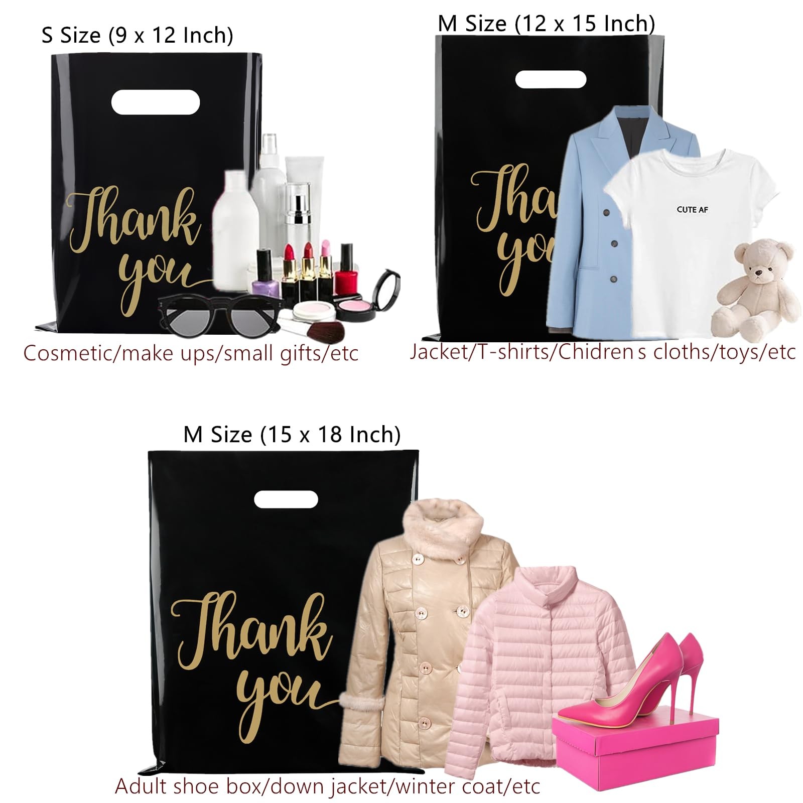 100 Pack Black Thank You Shopping Bags for Small Business – 15″x18″ Extra Thick
