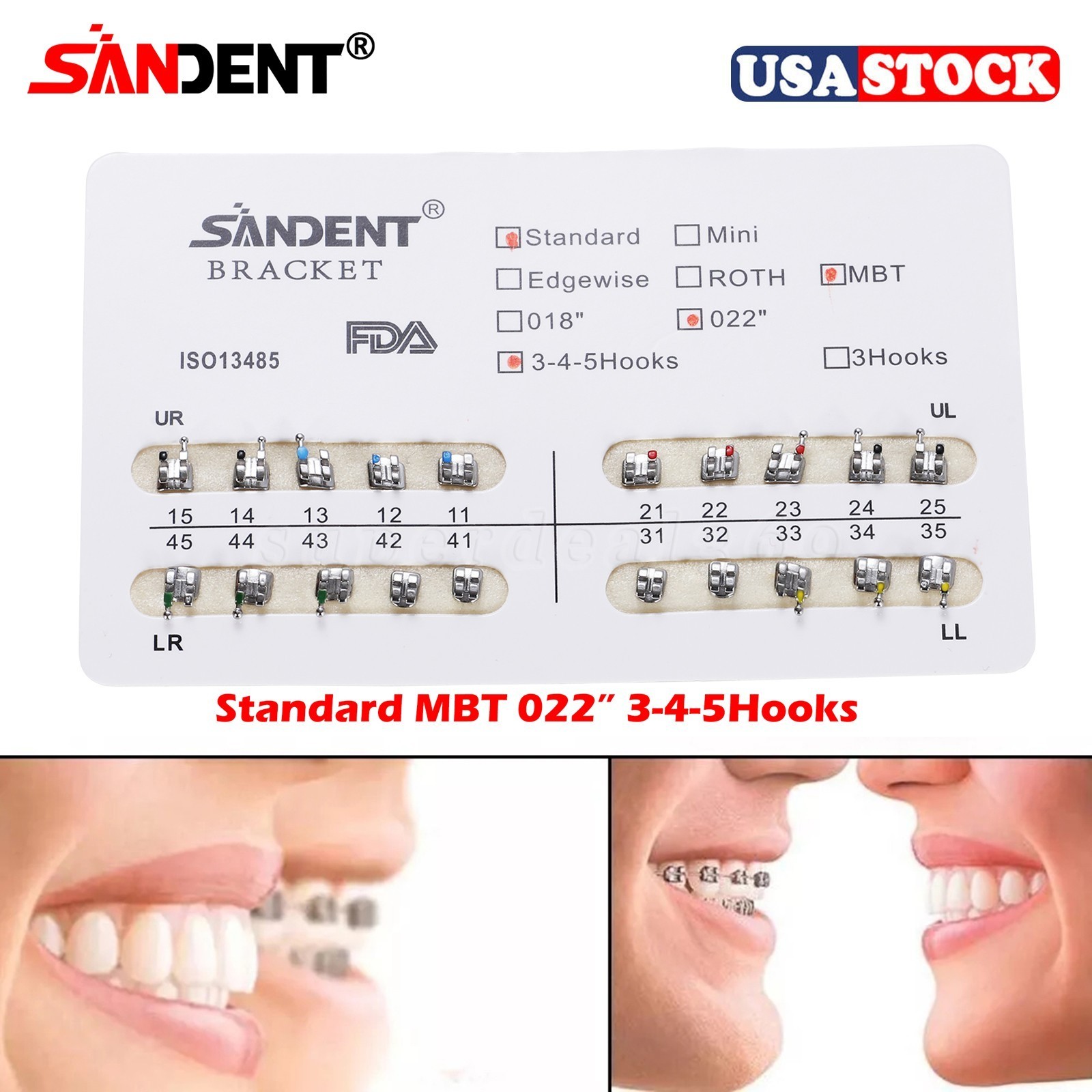 10 kits Dental Orthodontic Braces Brackets Standard MBT 022″Slot 345 Hooks YBB