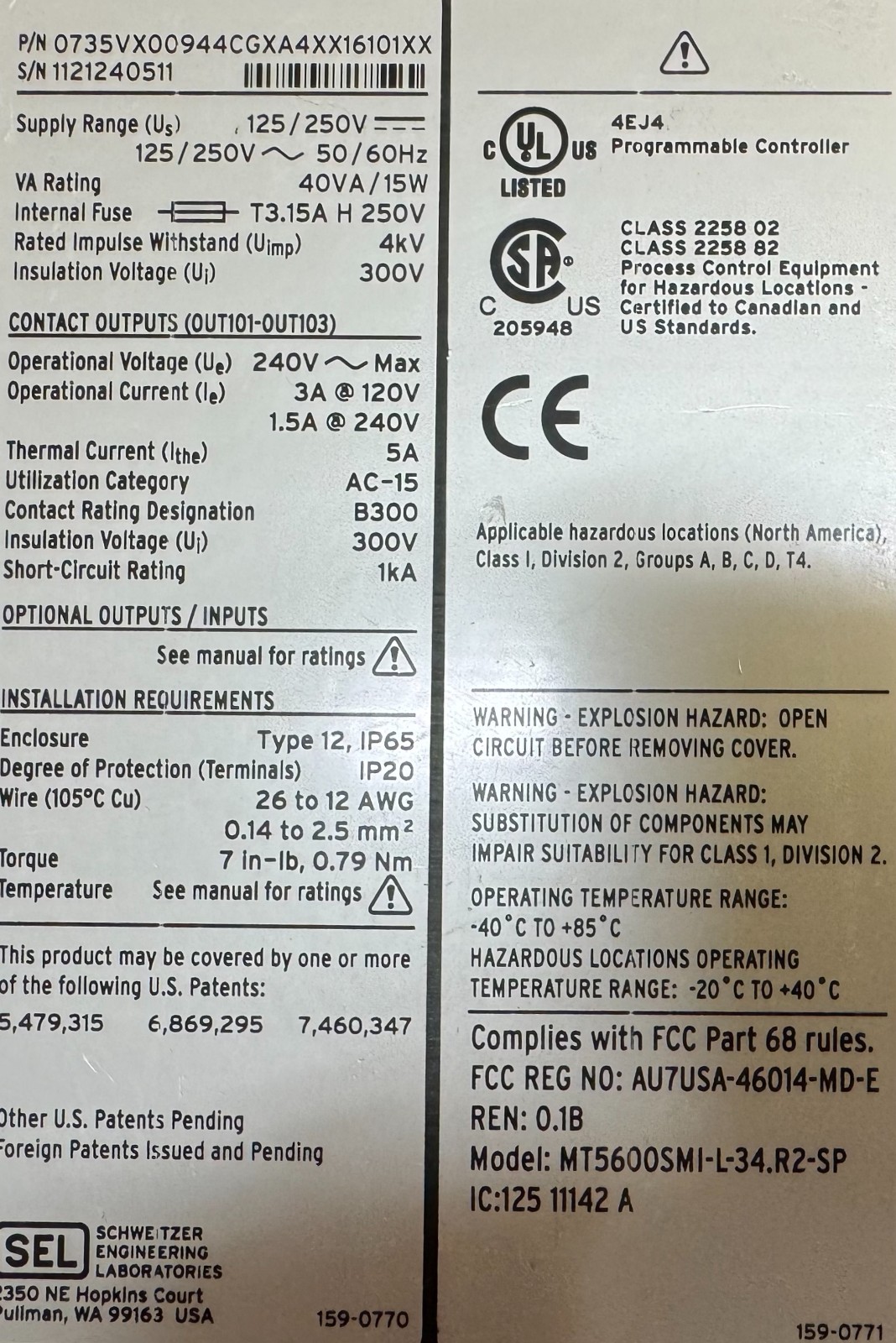 SCHWEITZER SEL-735 SEL SOLAR QUALITY REVENUE METER 50Hz
