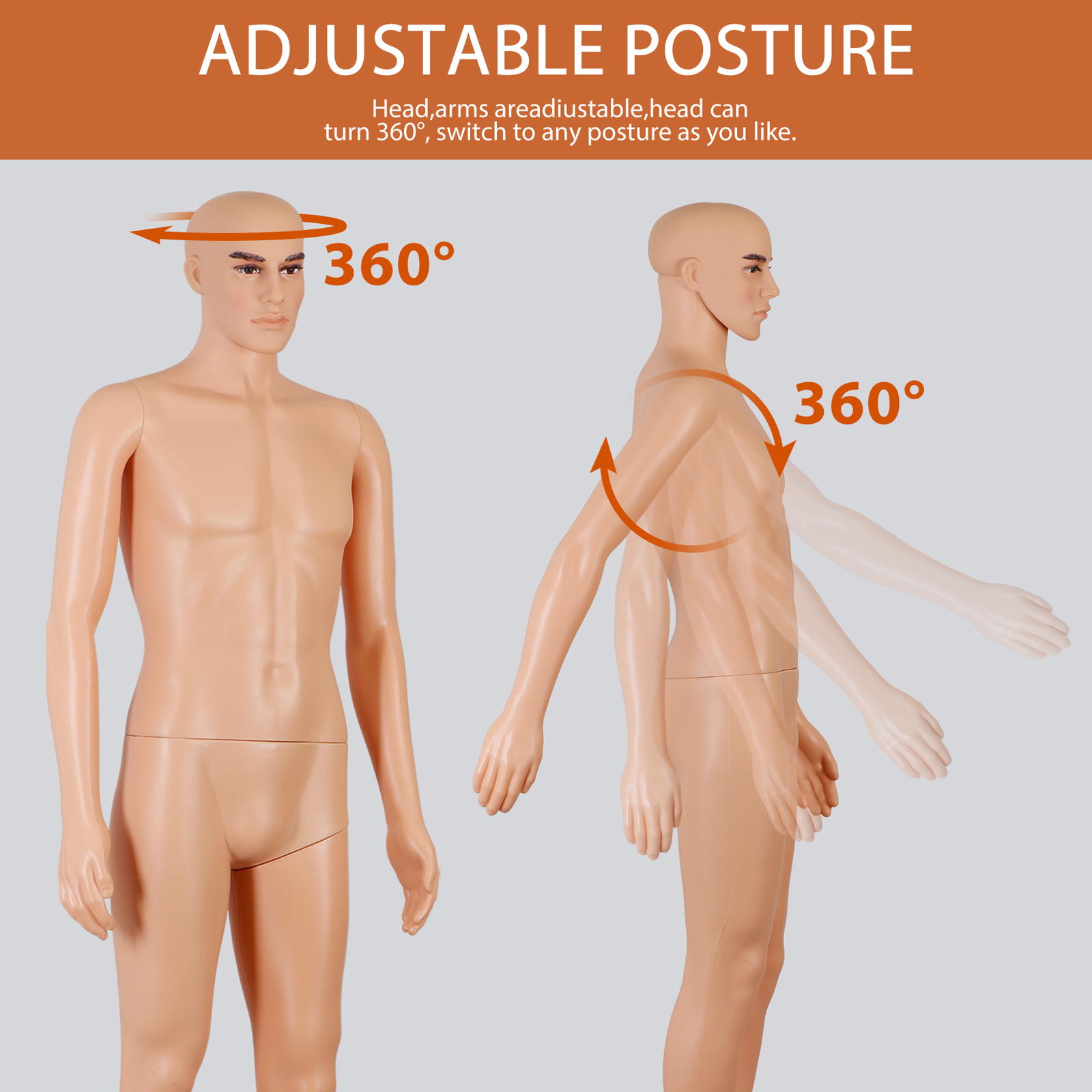 Adjustable Male Mannequin Egghead Plastic Full Body Dress Form Display Base 72″