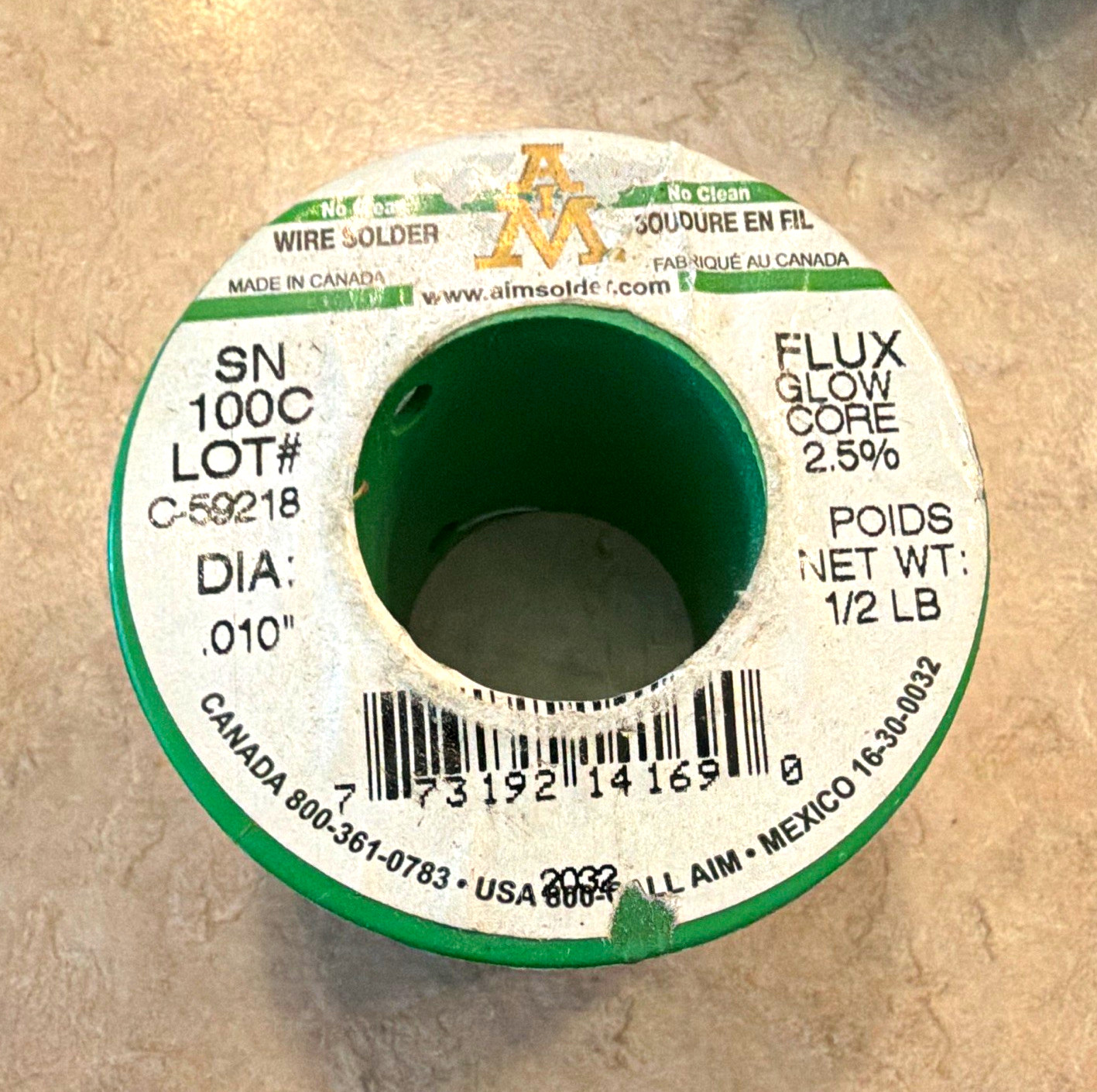 AIM SN100C No Clean Flux Core Solder Wire 0.010 in 1/2 lb Spool