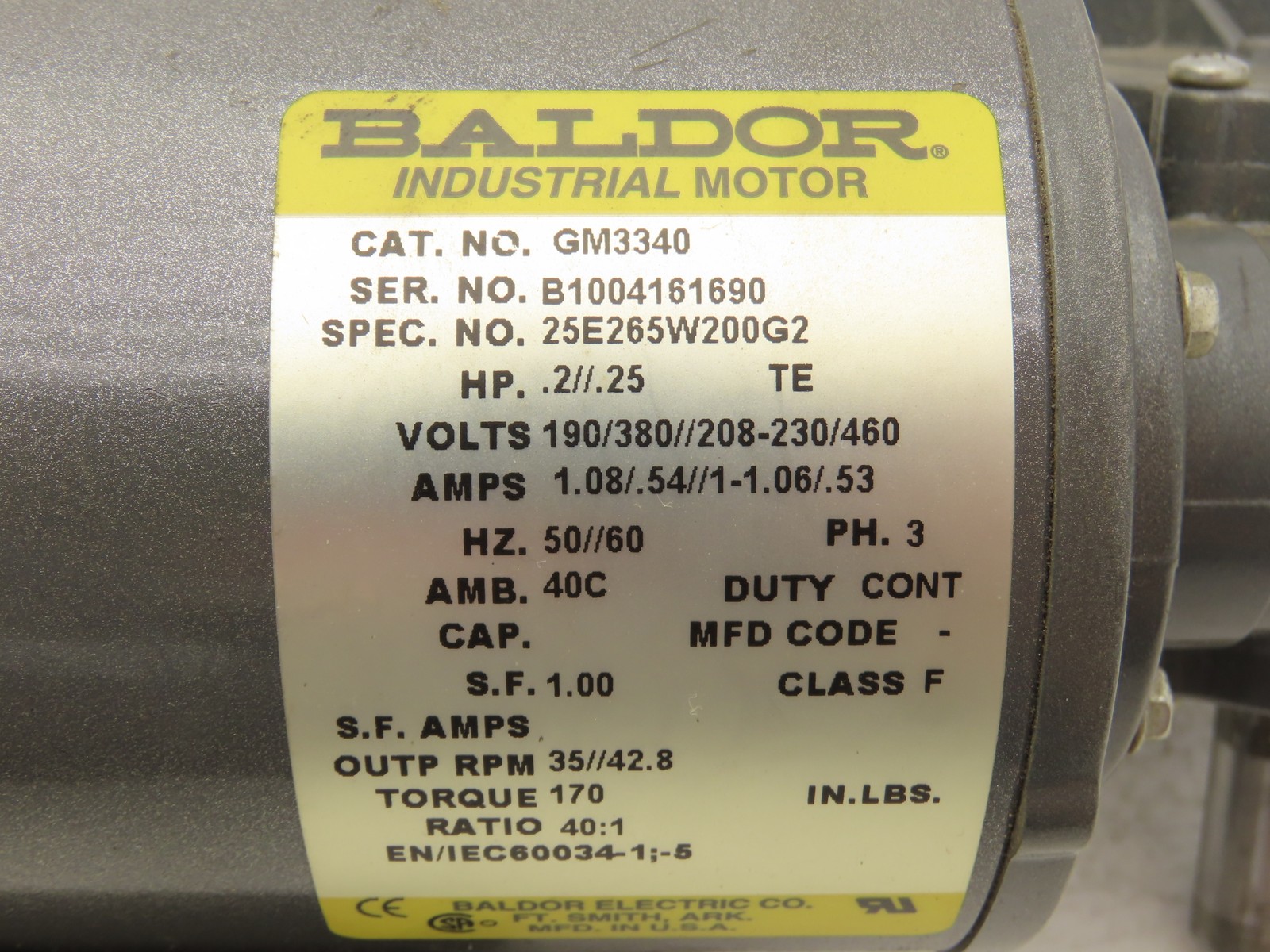 Baldor GM3340 AC Gearmotor 40:1 Reducer 1/4 Hp 42RPM 208-460V 3Ph RH Output