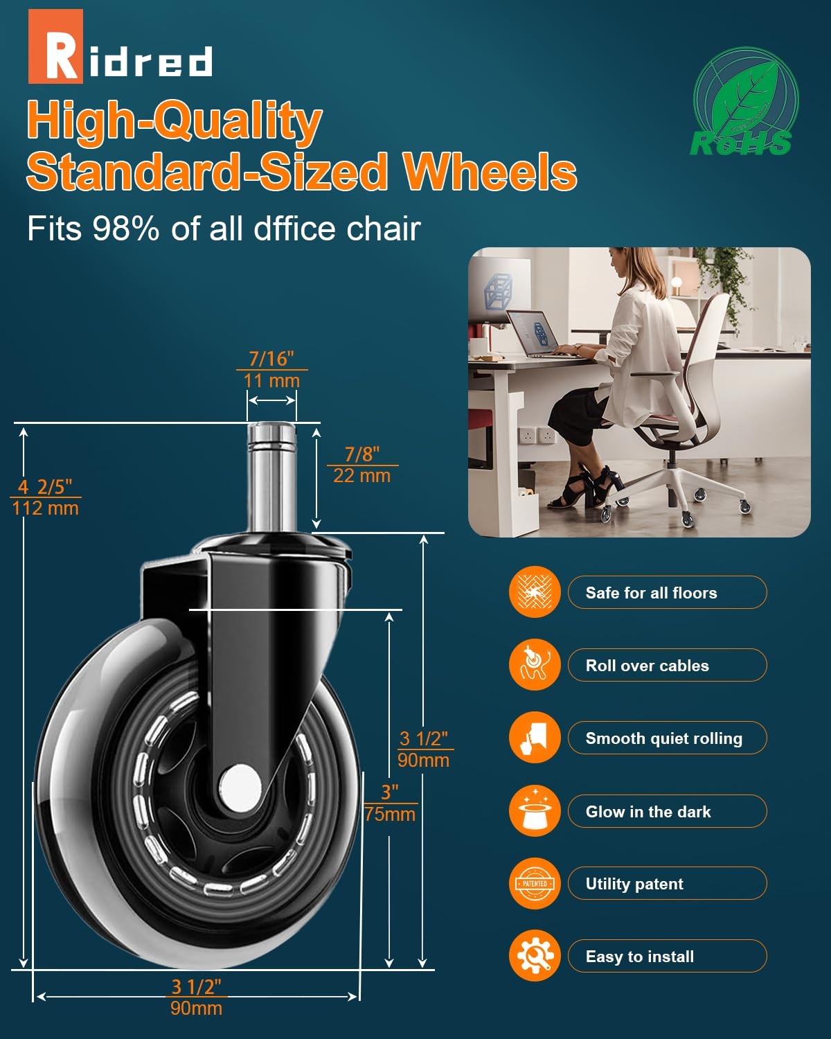 Office Chair Wheels – Replacement Rubber Wheels – Universal Fit 3 Inch Casters