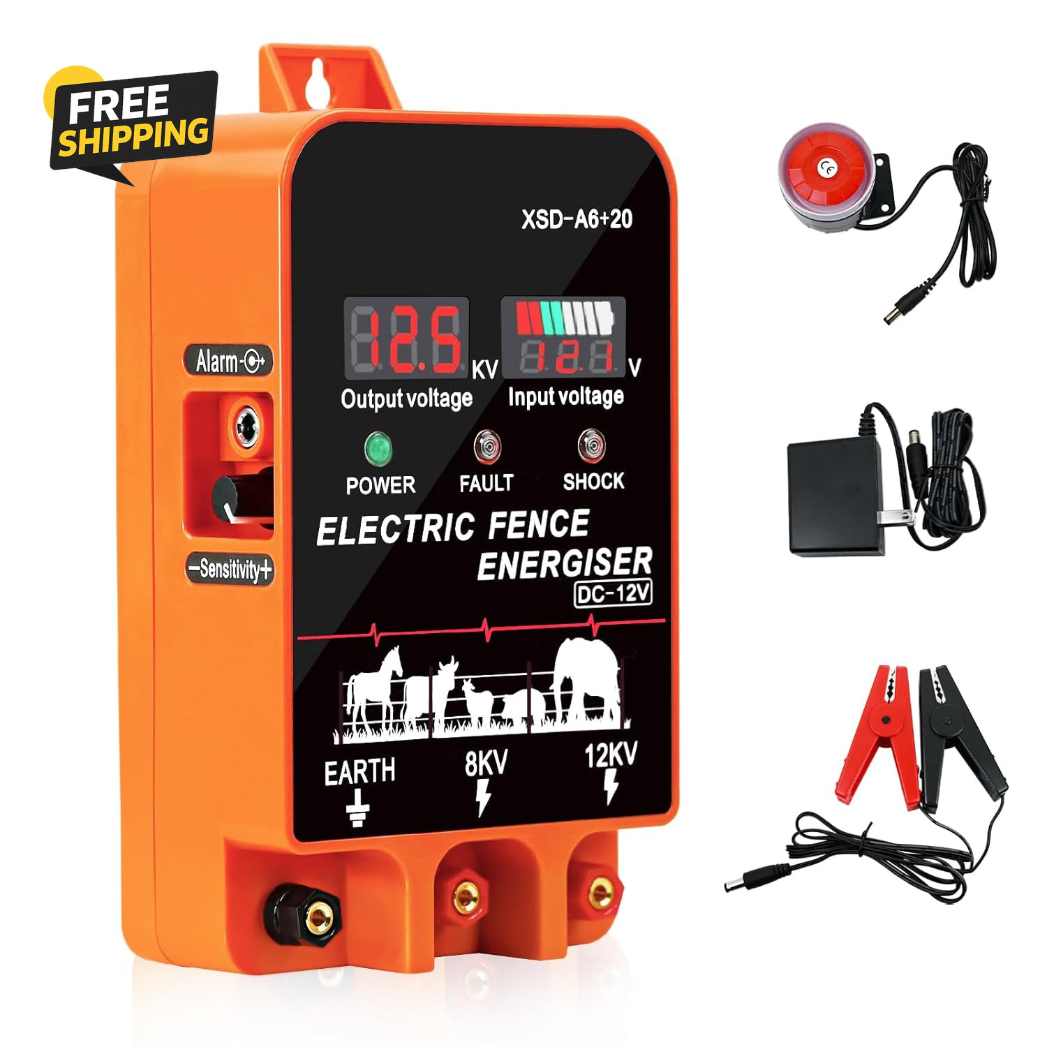 5.5J Electric Fence Charger Energizer, 5.5 Joules 10 Miles, AC DC 2 in 1 Powered