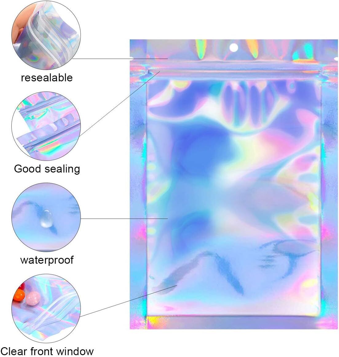 100/200 Holographic Mylar Foil Bags Smell Proof Resealable Zip Lock Pouch Black