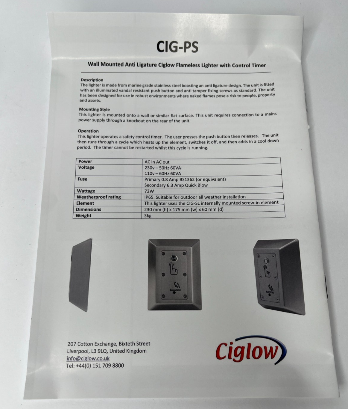 CIGLOW CIG-PS-CT STAINLESS STEEL WALL MOUNTED FLAMELESS LIGHTER 110V 50-60 Hz