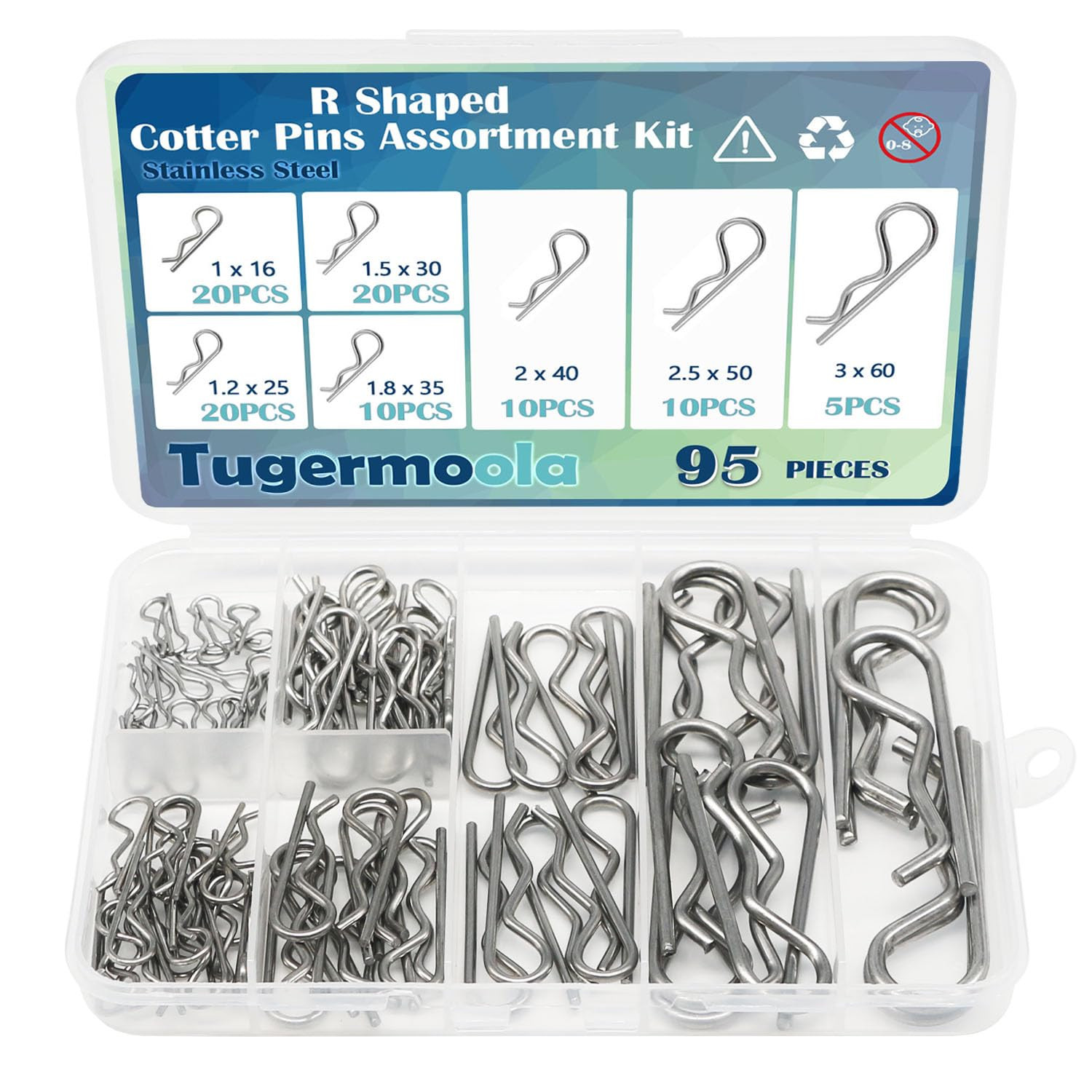 95PCS 7 Sizes Stainless Steel Hitch Pin Clip Assortment Kit R Shaped Cotter Pins
