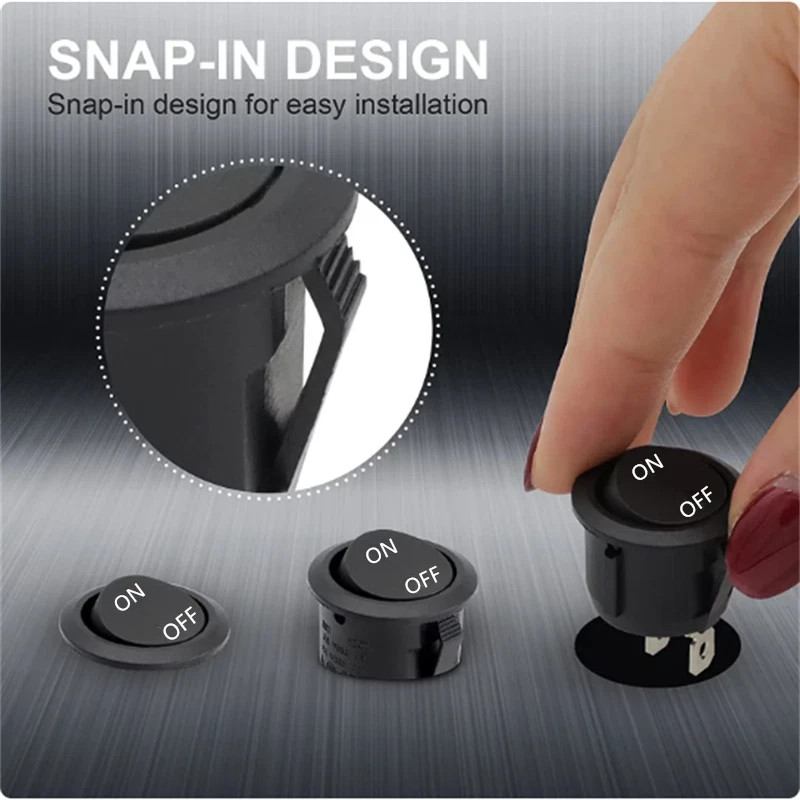 12V Round Rocker Switch SPST On/Off 2-Pin 6A/250V 10A/125V for Car Boat RV Black