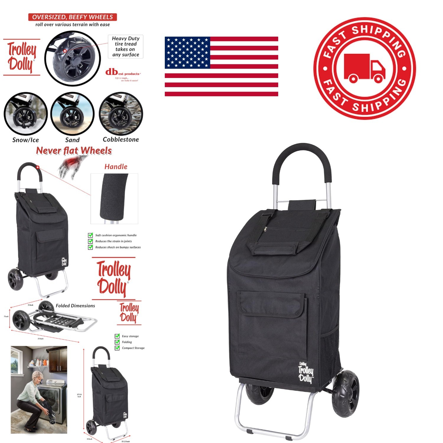 Foldable Black Shopping Cart with Wheels Lightweight Grocery Trolley for Adults