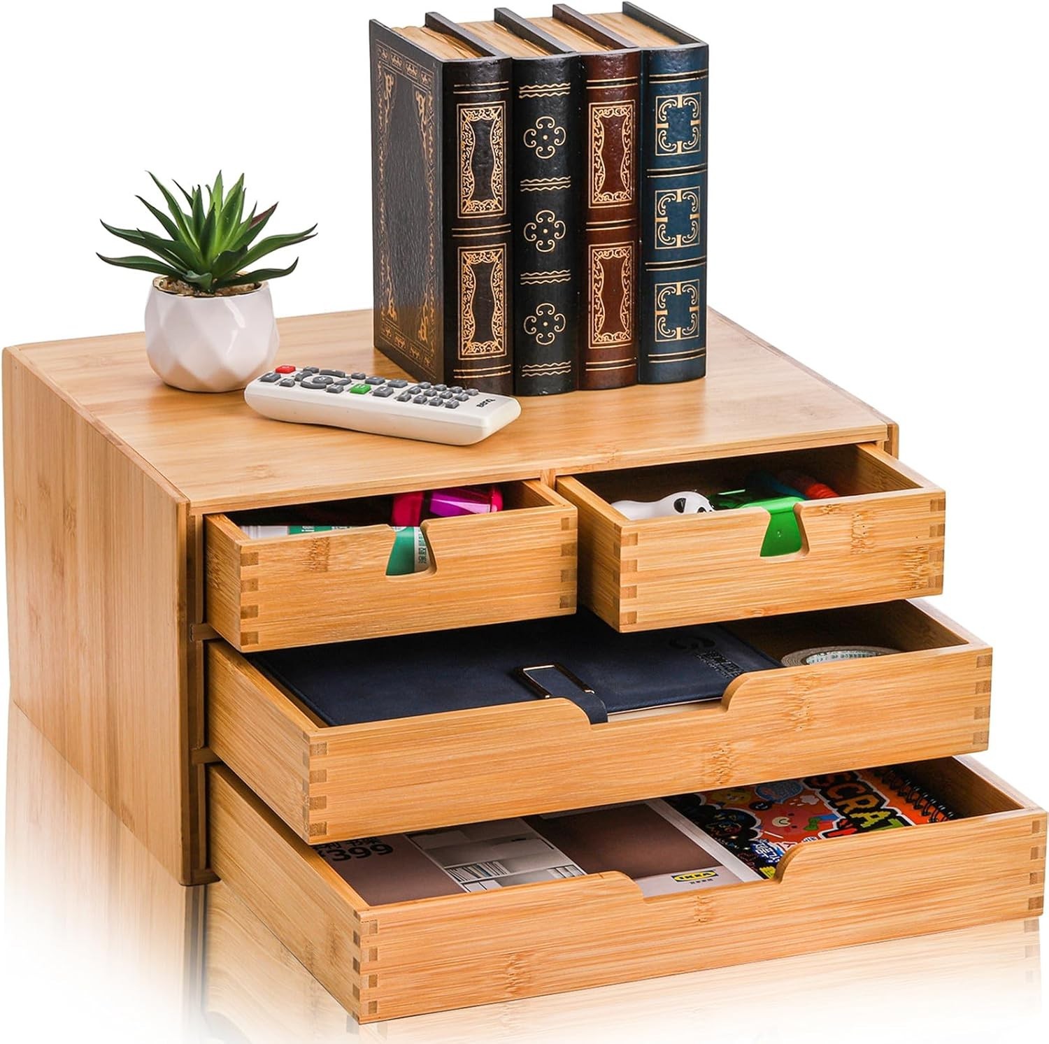 Bamboo Desk Organizer, Natural Bamboo Desktop Storage Box with 4 Drawers