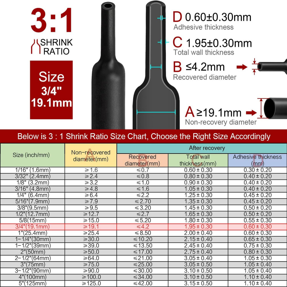 Black or Red 3:1 Ratio Heat Shrink Tubing Glue Adhesive Lined Diameter 3/4″ Kit