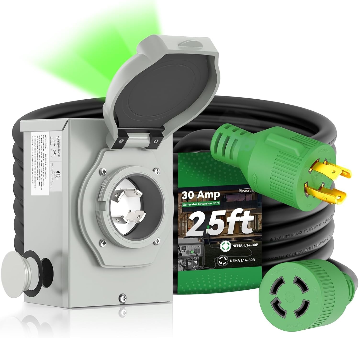 30 Amp Generator Cord 25FT and Power Inlet Box, Pre-Drilled 30 Amp Generator Inl