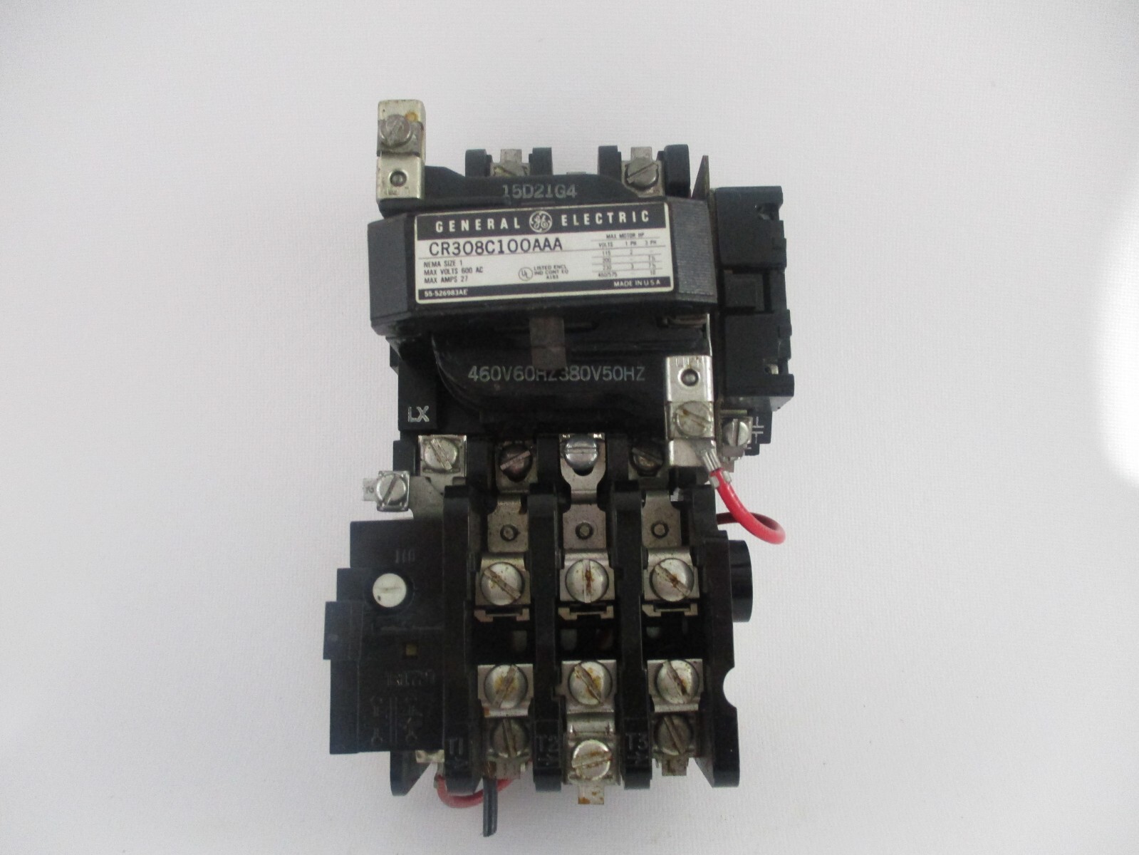 GE NEMA SIZE 1 STARTER CR308C100AAA W/ 460 VOLT COIL 15D21G4 & AUX CONTACT