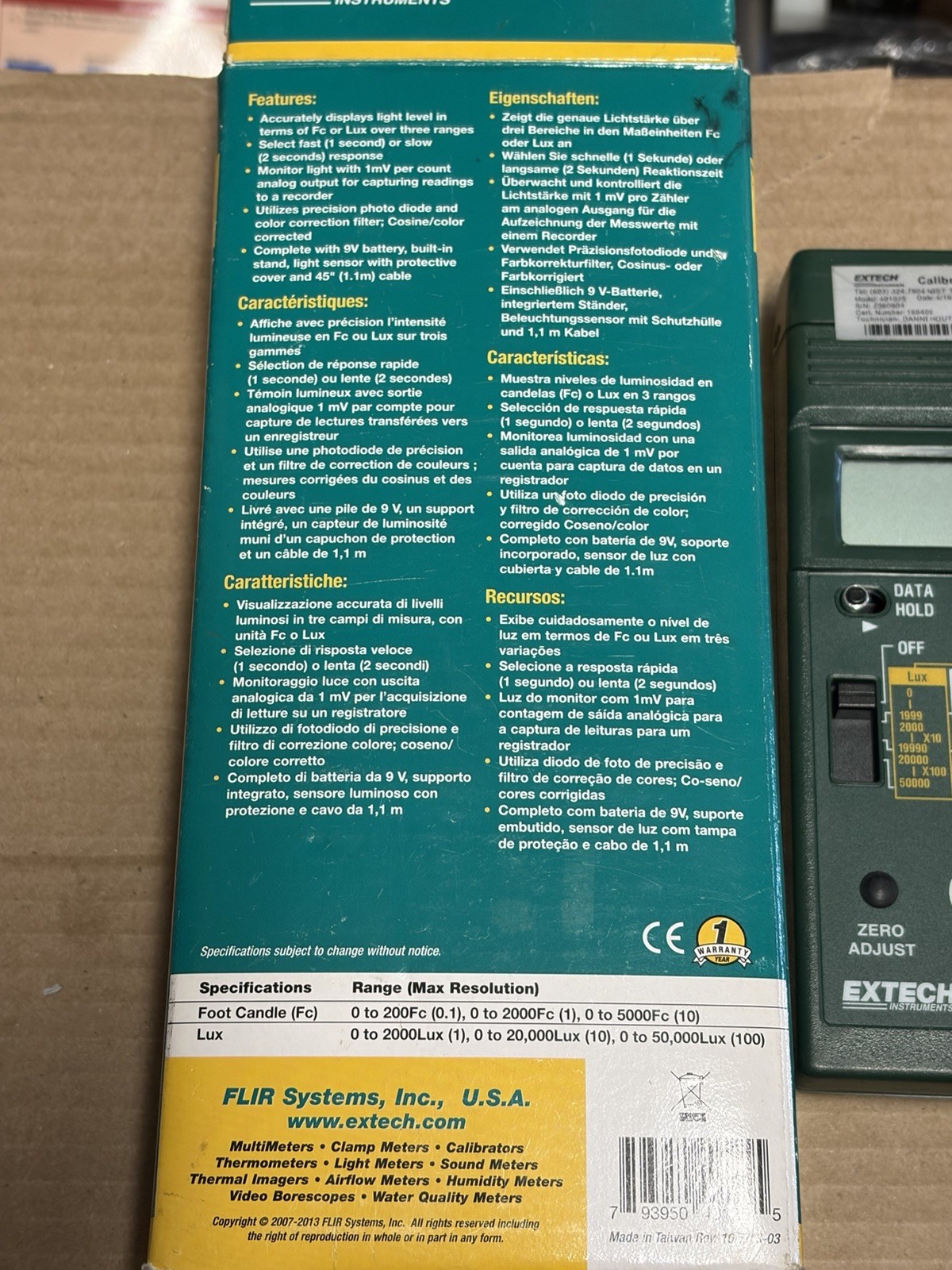 Extech 401025 Digital Light Meter 0-5000 Foot Candles 0-50000 Lux