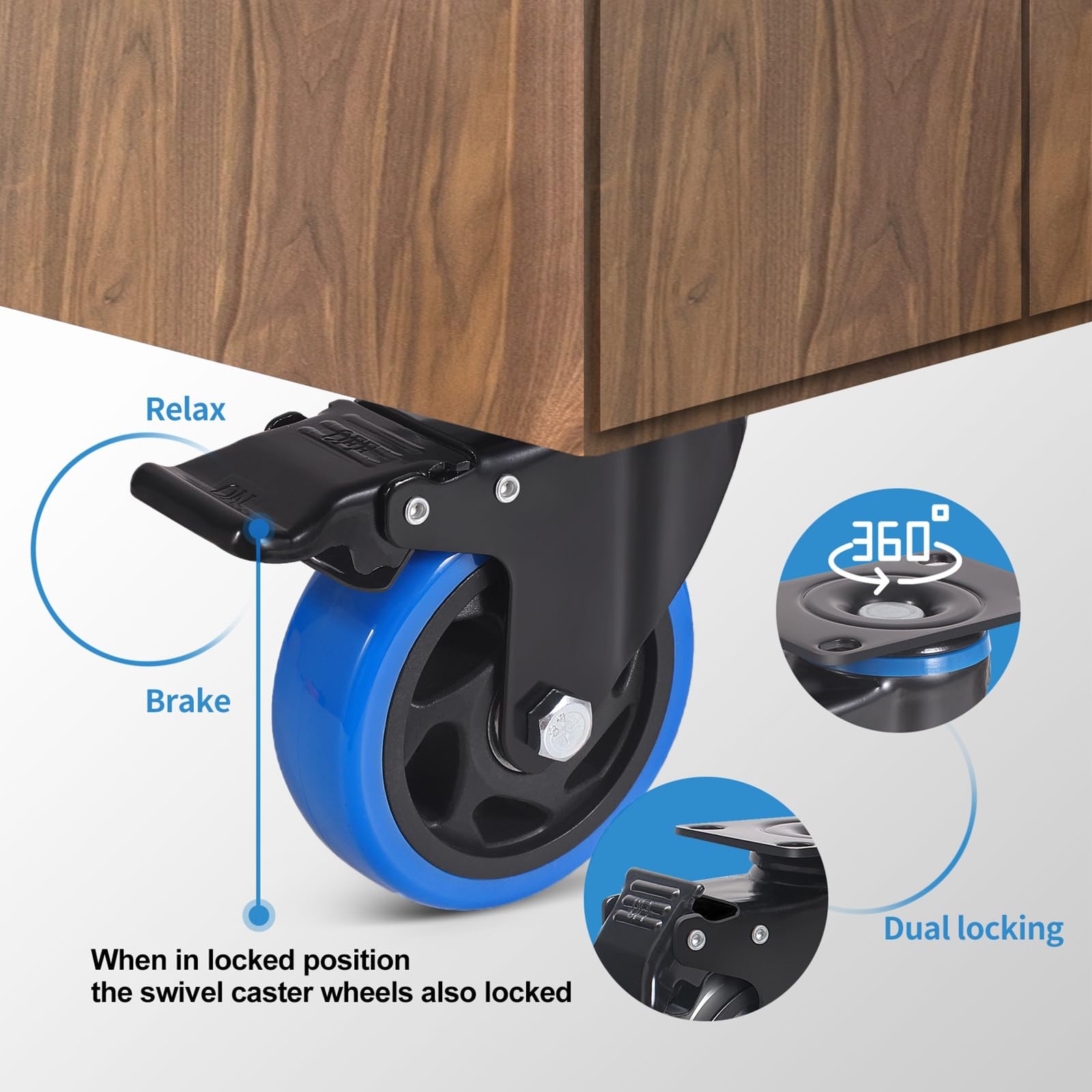 6 Caster Wheels 2800Lbs set of 4 w/ Brake Dual Lock Top Plate