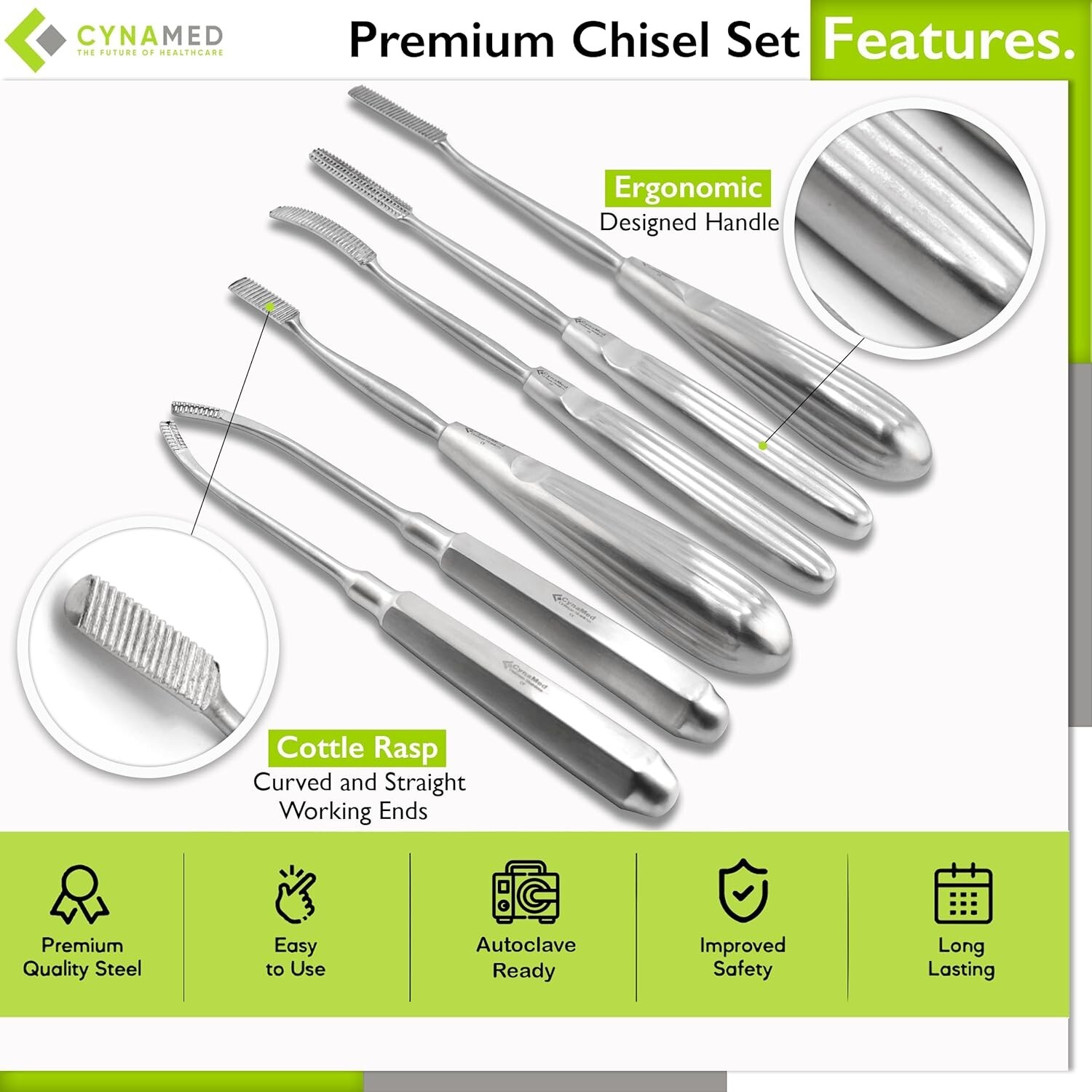 Cynamed Set of 6 Bone Files & Chisels-High Precision Surgical Instruments Dental