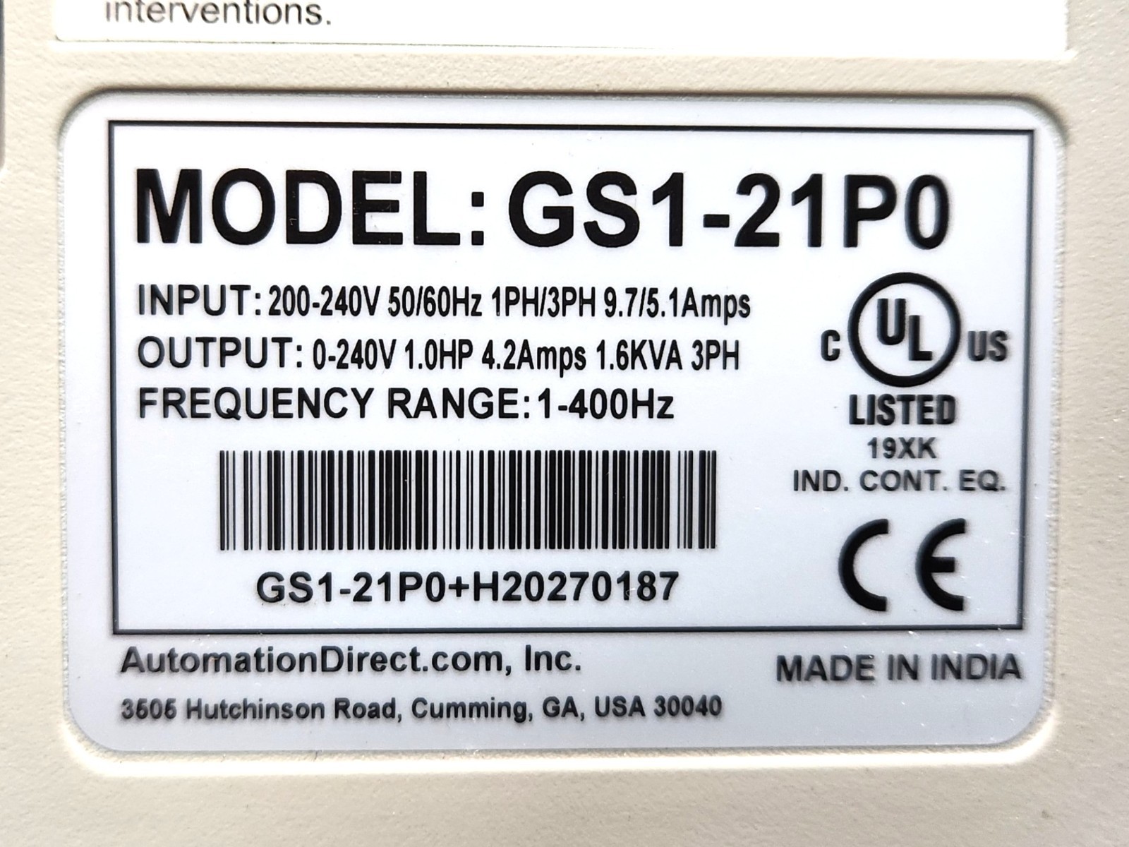 Automation Direct GS1 AC Drive 3-Phase Variable Frequency Drive (VFD) Untested