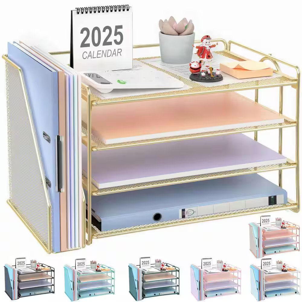 Gold 15.5 in X 9.2 in 4-Tier Paper Organizer with Magazine Holder