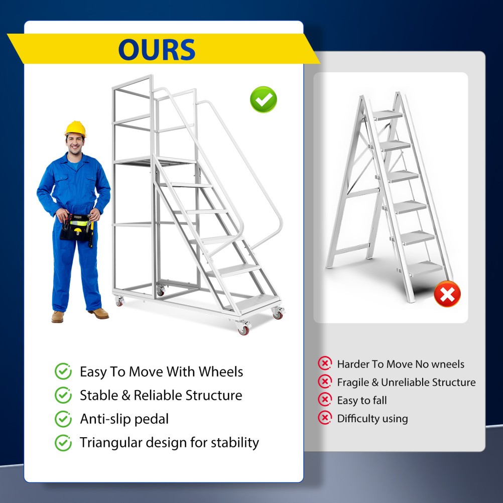 6 Step Rolling Warehouse Step Ladder, Movable Platform Ladder with Locking Wheel