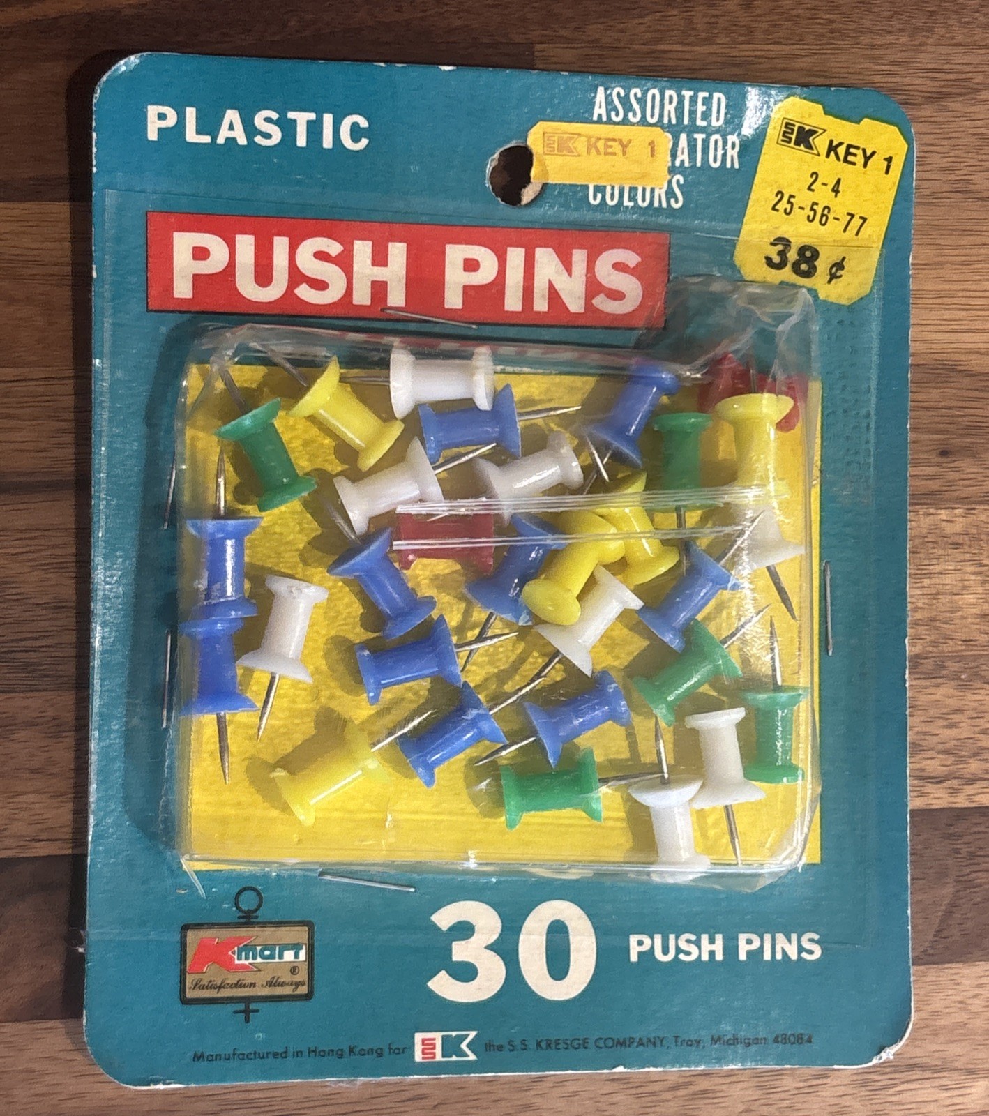 Vintage Kmart Push Pins 60 Ct (2×30) Hong Kong NOS 1970s Office Supply Sealed