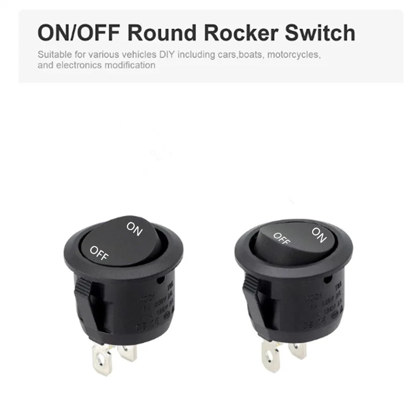 12V Round Rocker Switch SPST On/Off 2-Pin 6A/250V 10A/125V for Car Boat RV Black