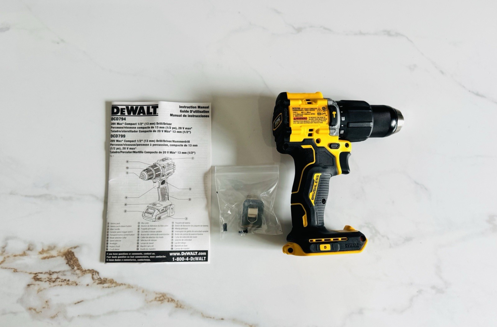 New DeWalt Genuine DCD799B ATOMIC COMPACT 20V Brushless 1/2” Hammer Drill Kit