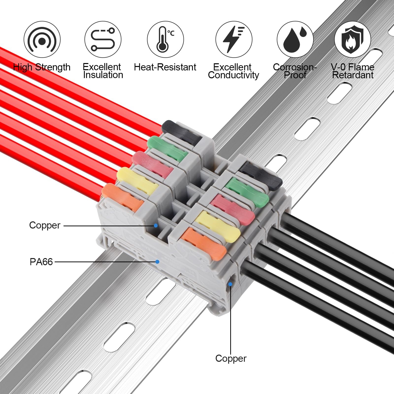 Compact DIN Rail Terminal Block Kit – 600V 32A, 28-12 AWG, Quick Connectors