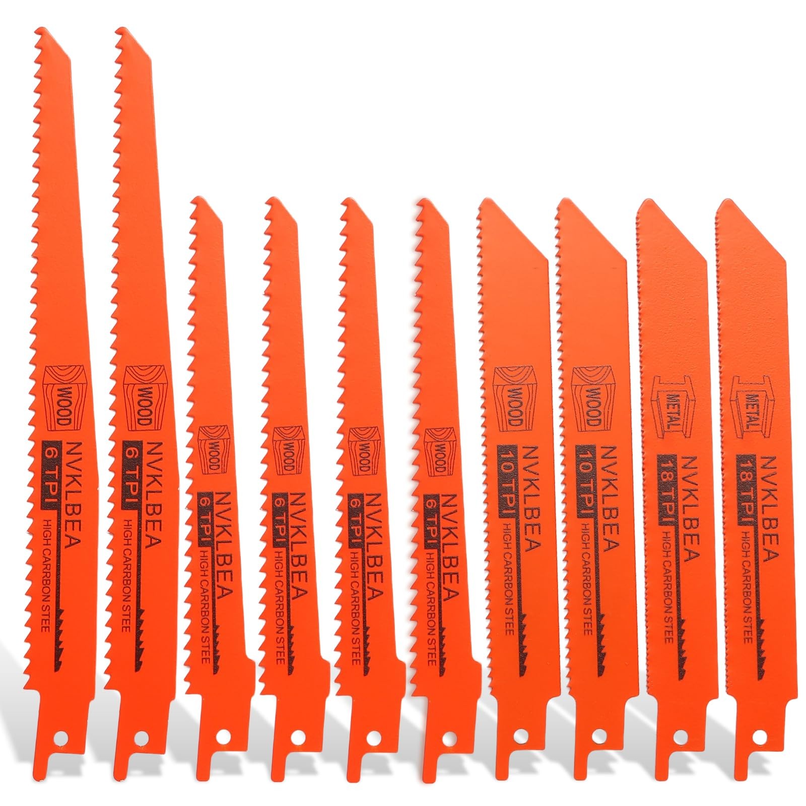 10-Piece Reciprocating Saw Blades 6 & 8 Inch Wood & Metal Cutting orange-red