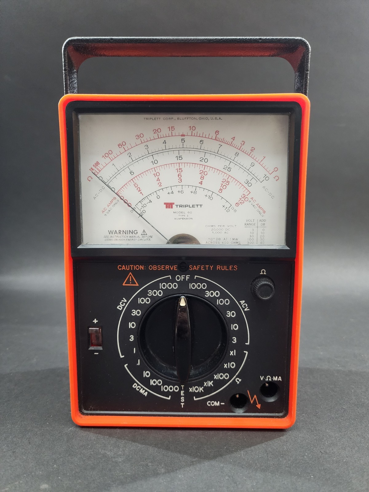 Triplett Model 60 Type 2 Handheld MultiMeter With C Clamp, Adapter Etc