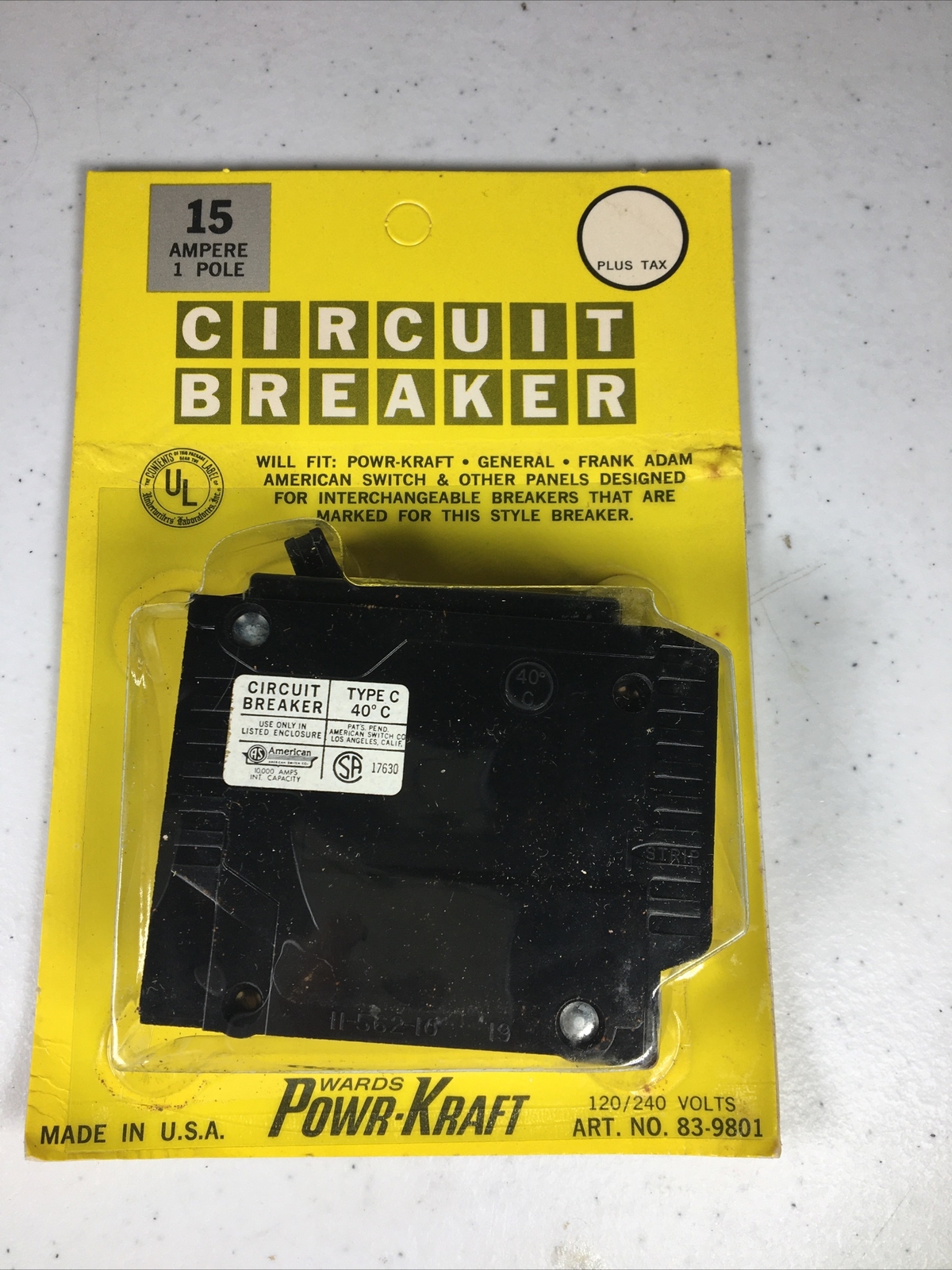 Wards Powr-Kraft 15 Amp (2) 1 Pole 120/240 Volt Circuit Breaker 83-9801 Vintage