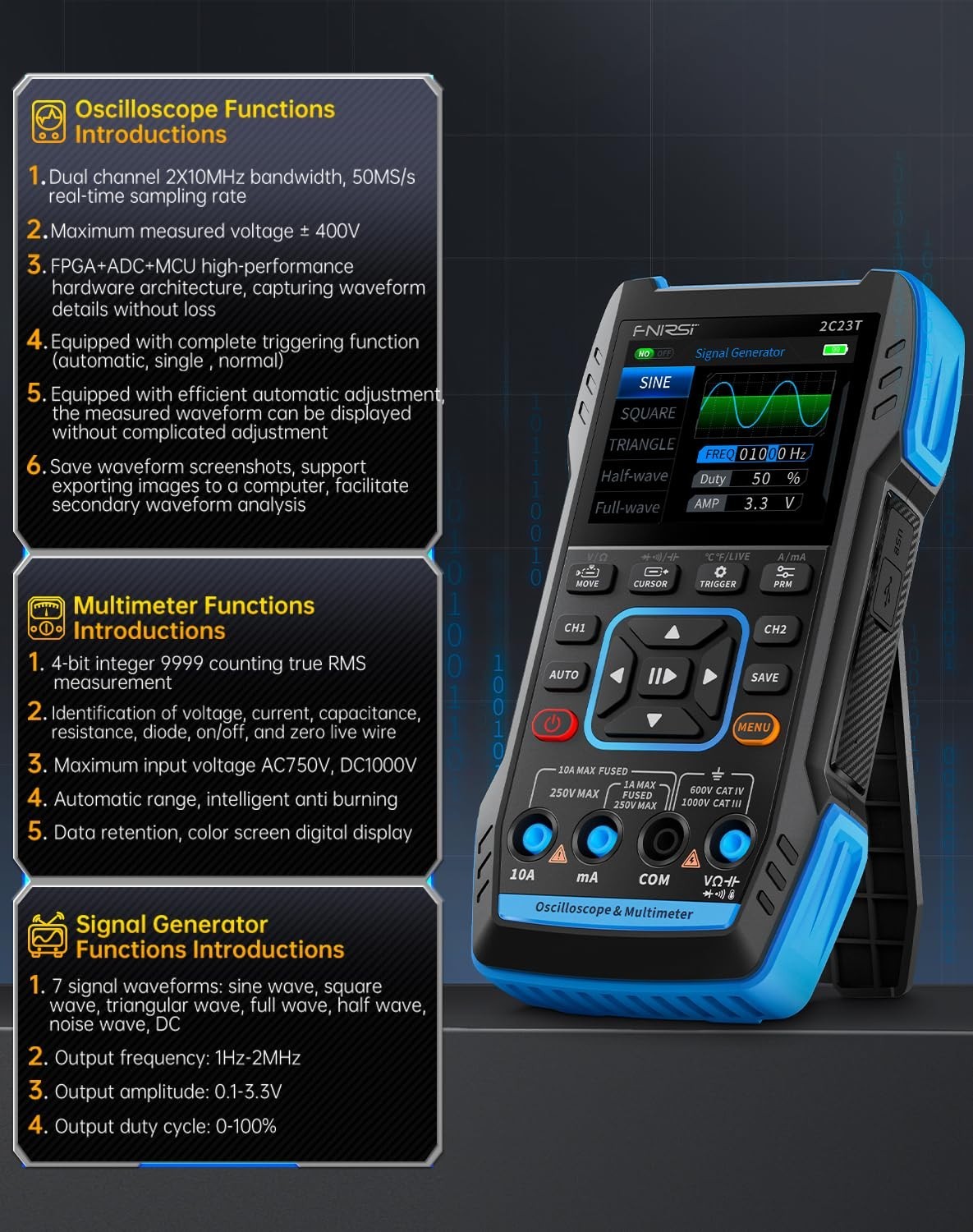 3-in-1 Oscilloscope Multimeter Signal Generator 10MHz 50MSa/s 2 Channels Probes