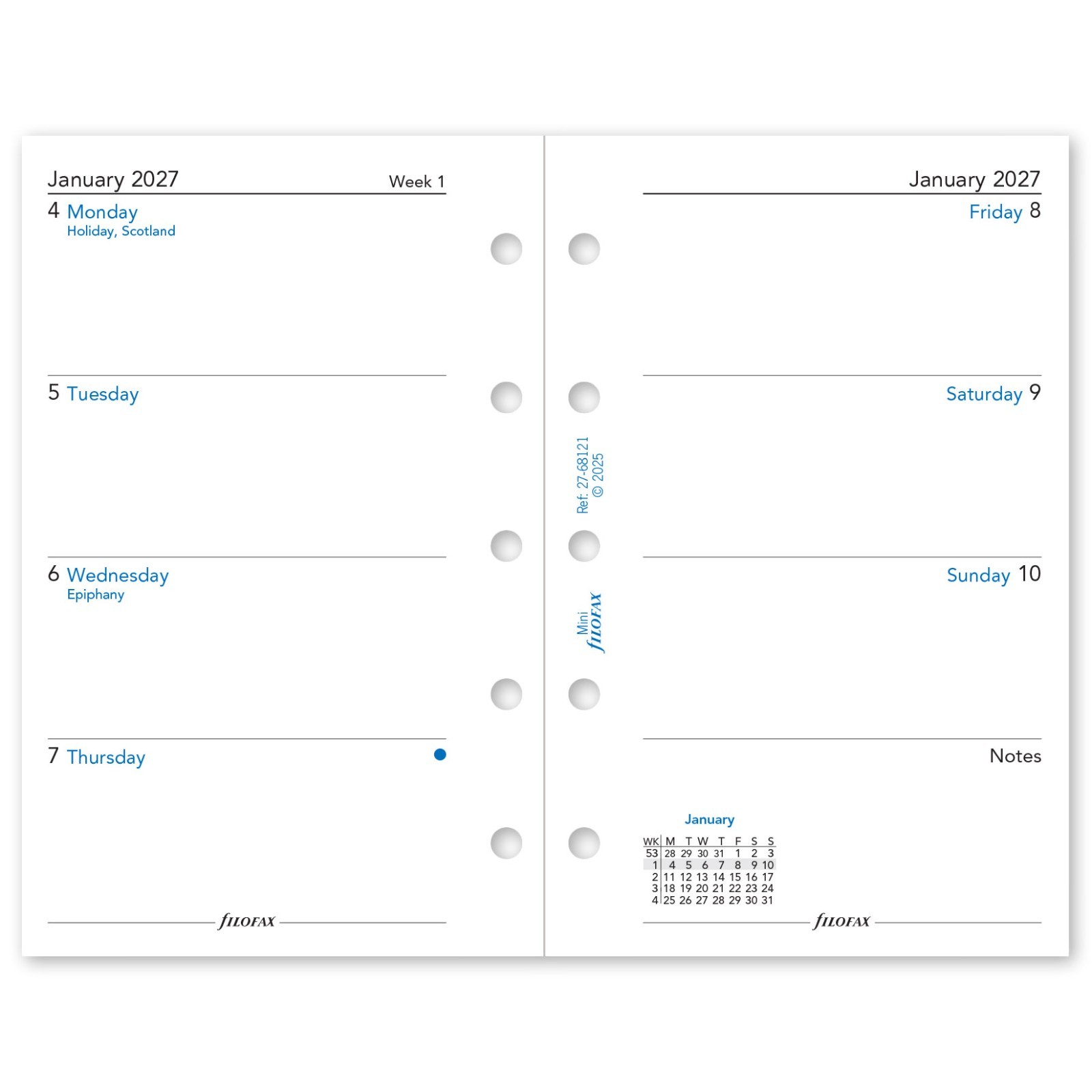 2025 Filofax Mini Size Diary Refill 25-68121 Week on Two Pages, 67mm x 105mm