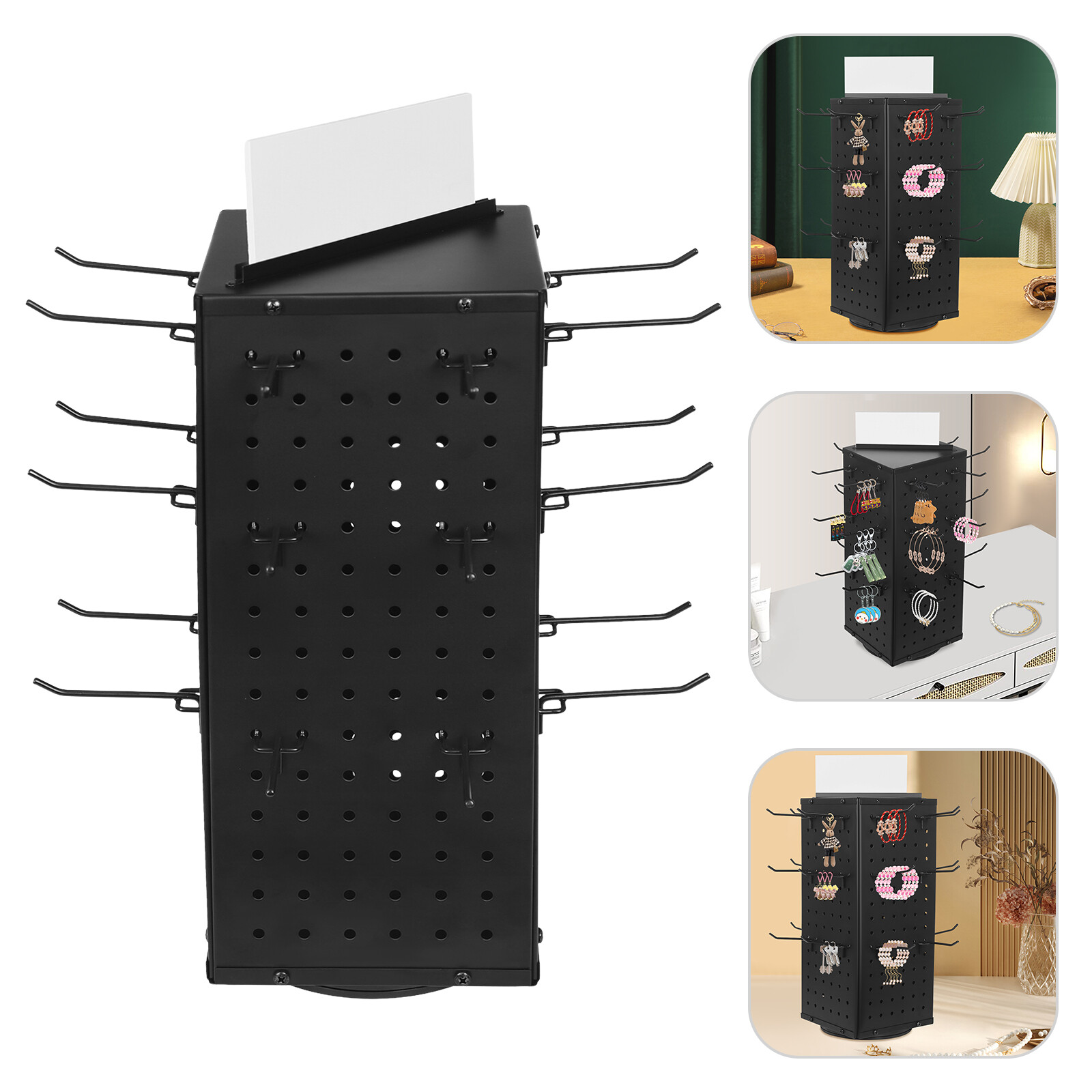 Rotating Pegboard Display Stand with 24 Hooks – 4-Sided Metal Spinning Peg Board