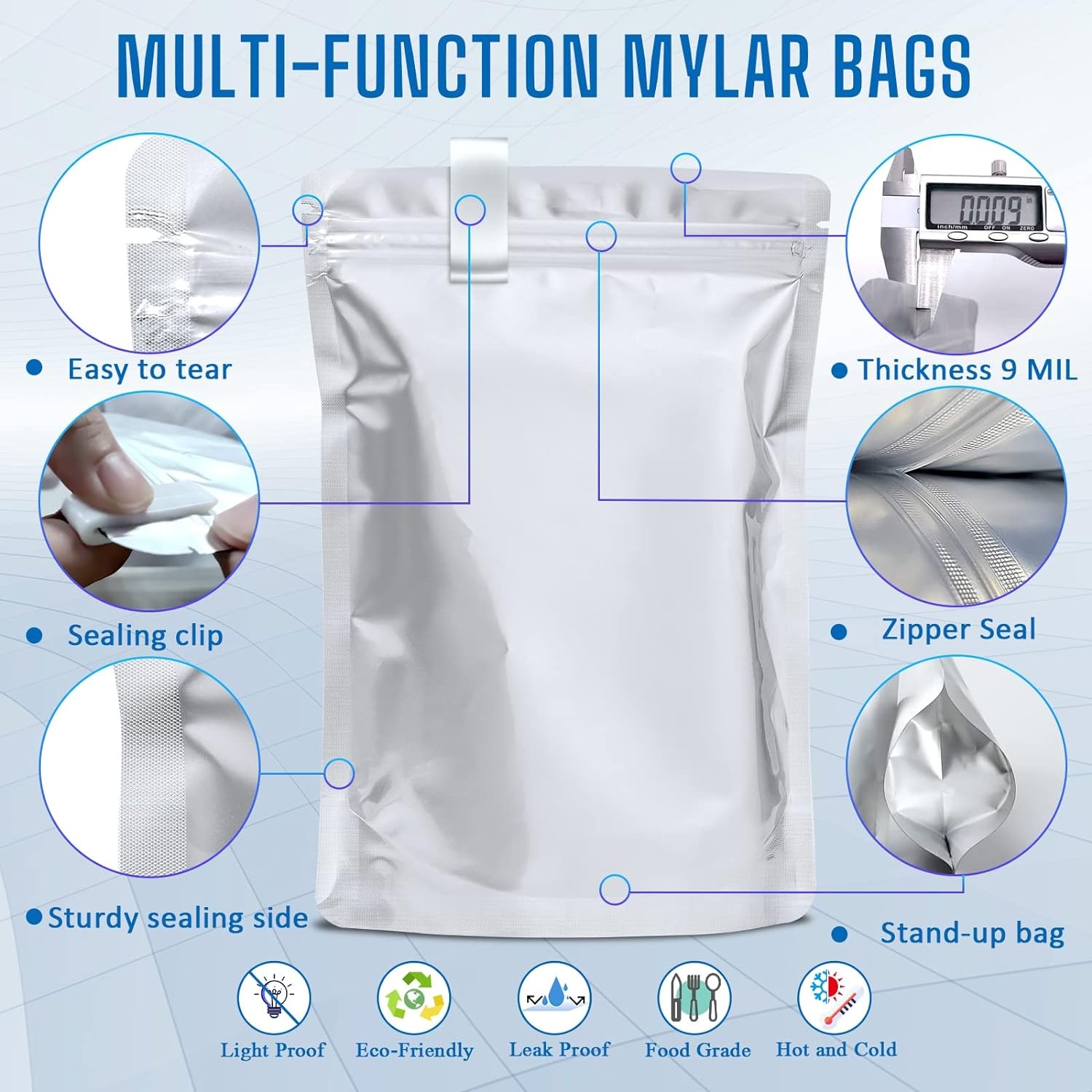 50/100 Mylar Stand-Up Food Storage Bags Resealable 9mil w/300cc Oxygen Absorbers