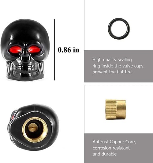 Black Skull Style Anti-Rust Valve Stem Caps with Copper Core for Color: Black