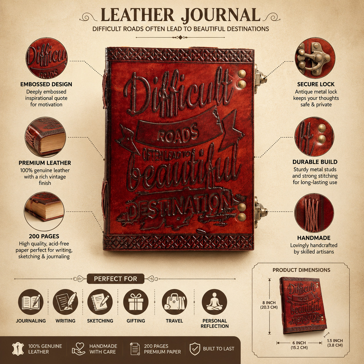 Handmade Leather Journal 7×5 Vintage Diary with Lock UnLined Pages Notebook