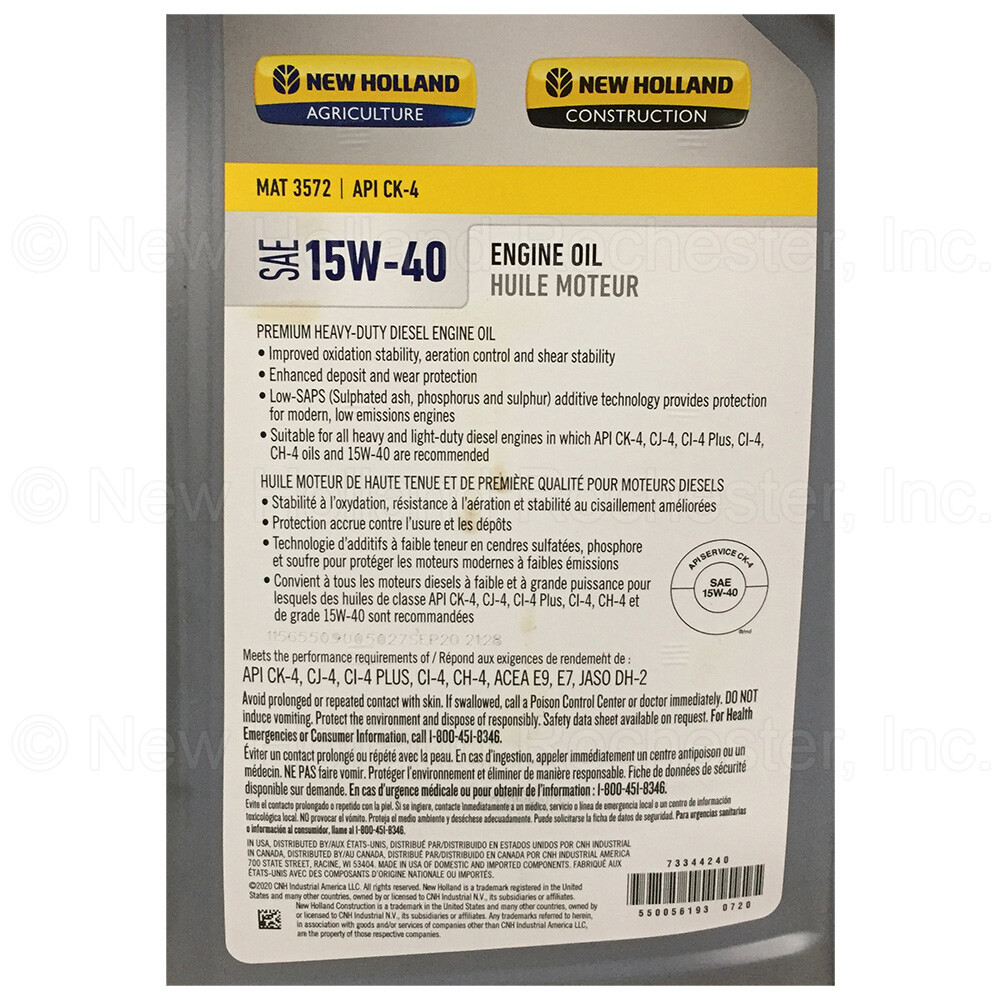 New Holland 1 Gal Engine Oil SAE 15W-40 CK-4 MAT 3572 Part # 73344240