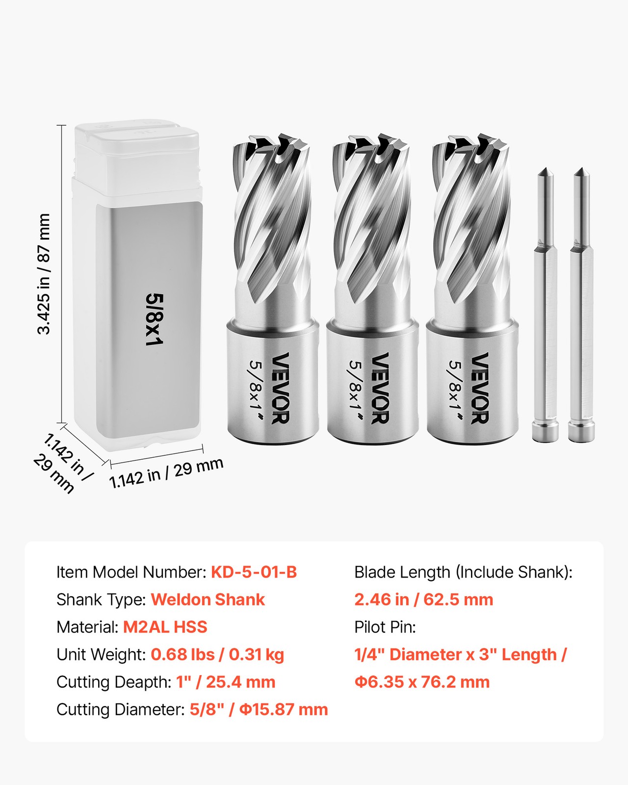 VEVOR Annular Cutter Set Mag Drill Bits Kit 5 pcs Weldon Shank 5/8″ Cutting Dia